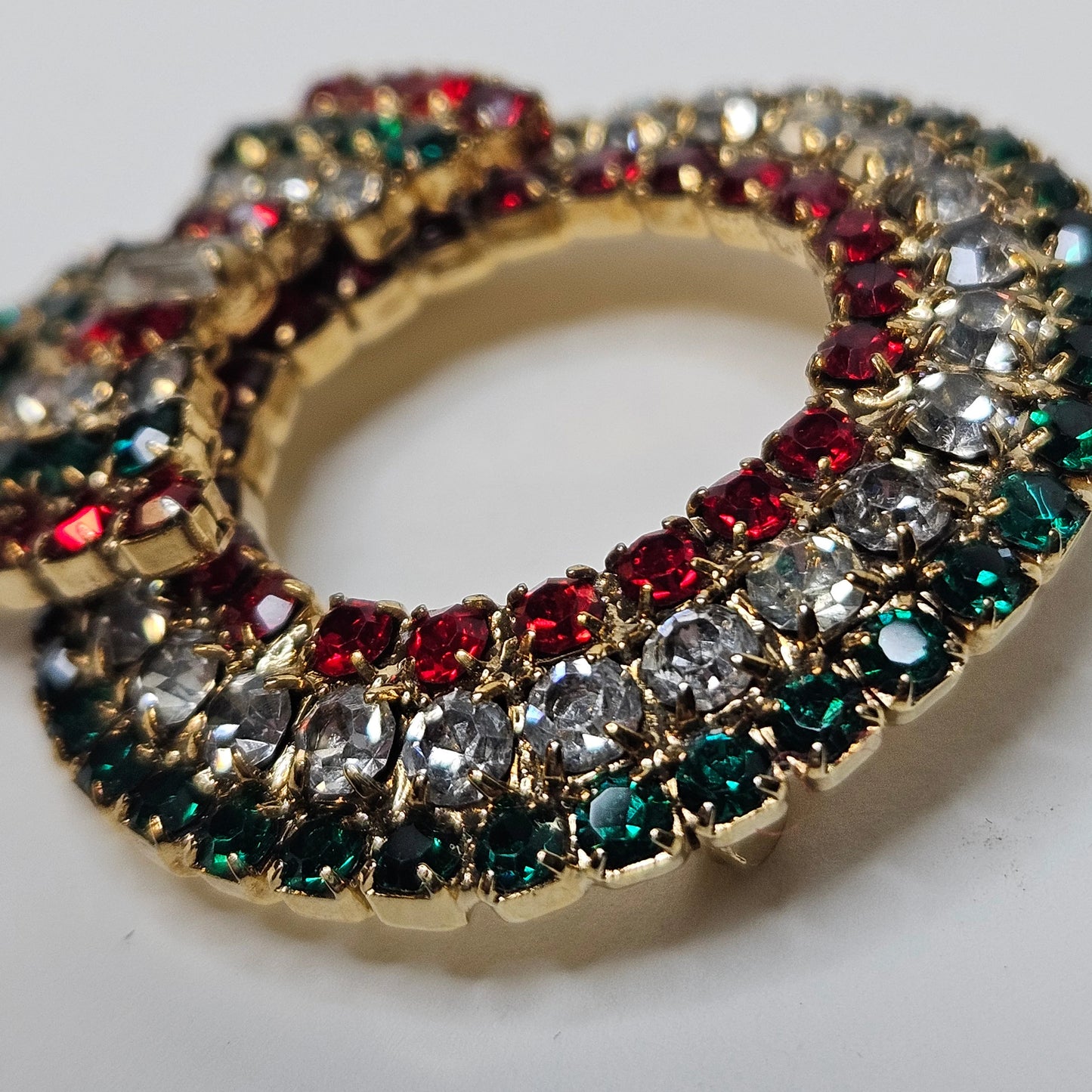 Christmas Wreath Pin - Red, Clear, and Green Crystal Wreath Brooch - Wreath with Bow Holiday Pin - Vintage Rhinestone Holiday Wreath Brooch