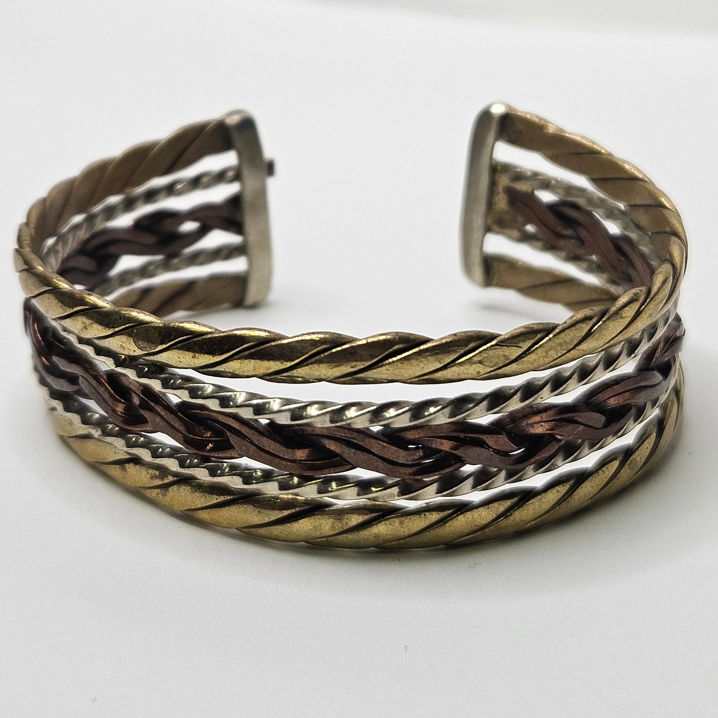 Copper, Brass, and Steel Braided Cuff Bracelet - Adjustable Tri-Color Bracelet - Beautiful Boho Cuff Bracelet