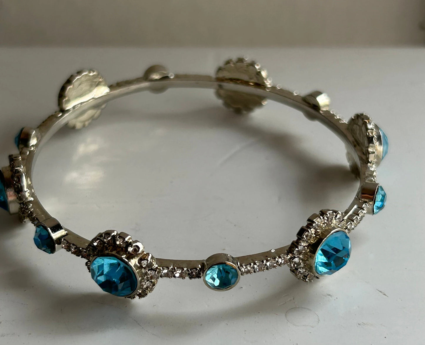 Aqua Blue and Clear Rhinestone Bangle Bracelet - Aqua Wedding Jewelry - Aqua Blue Prom Dress - Dainty Crystal And Aqua Bracelet