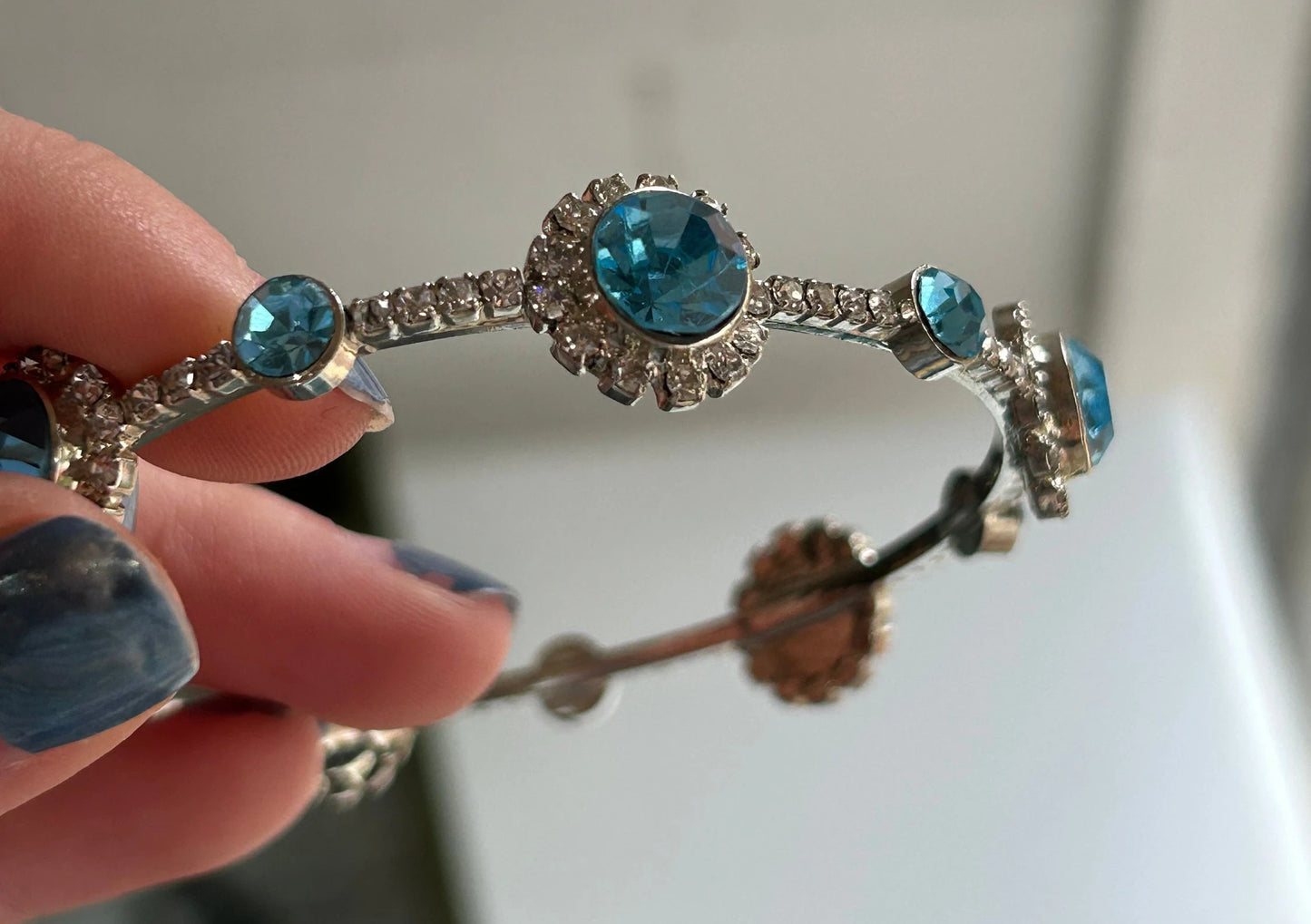 Aqua Blue and Clear Rhinestone Bangle Bracelet - Aqua Wedding Jewelry - Aqua Blue Prom Dress - Dainty Crystal And Aqua Bracelet