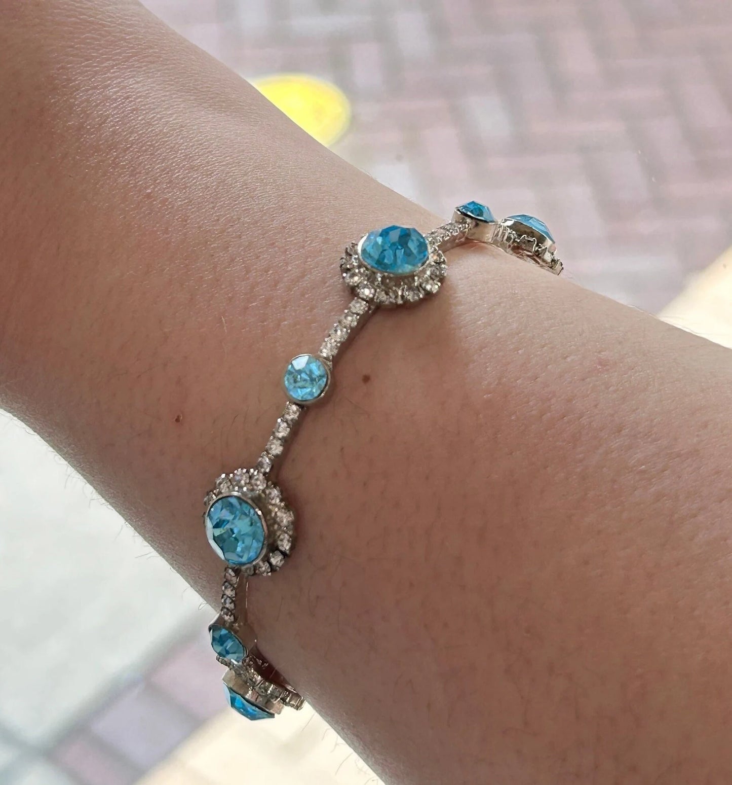 Aqua Blue and Clear Rhinestone Bangle Bracelet - Aqua Wedding Jewelry - Aqua Blue Prom Dress - Dainty Crystal And Aqua Bracelet