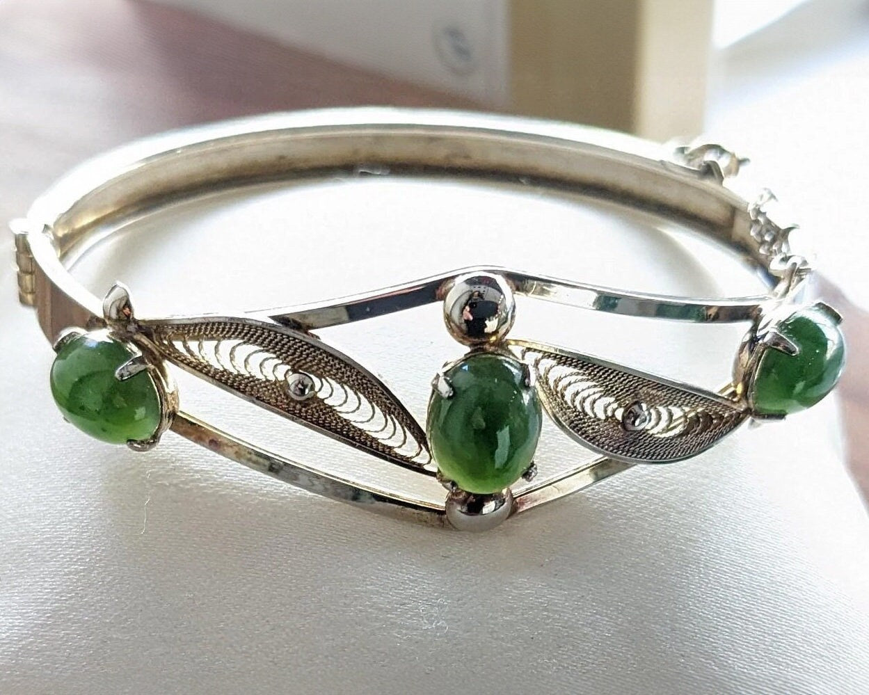 Sorento Jade and Sterling Filigree Bangle Bracelet - Vintage Sorento