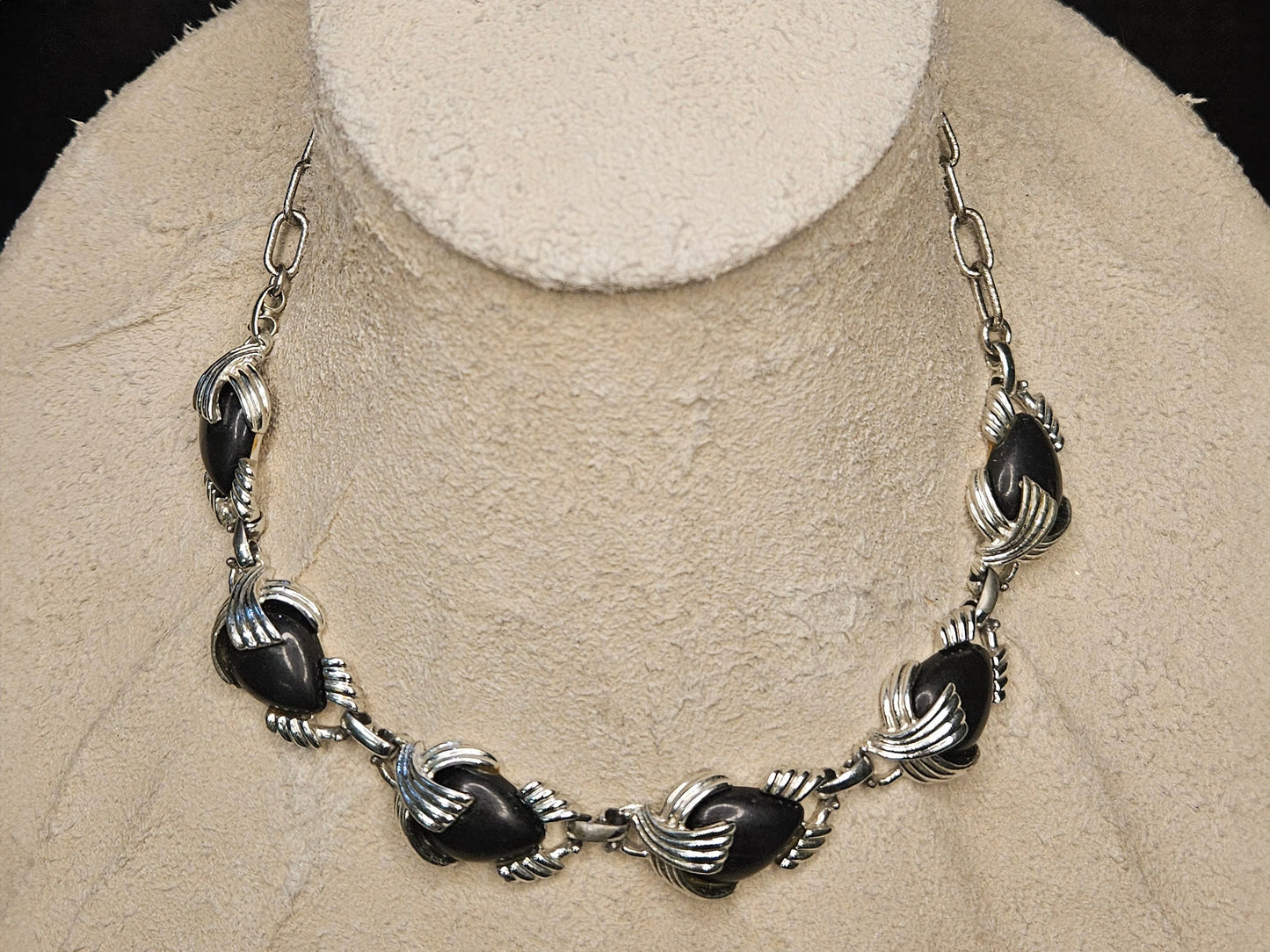 Emmons Lucite Necklace with Black Cabochons in Silver Settings - Mid Century Modern Emmons Necklace - Art Deco Lucite Emmons Designer Wear