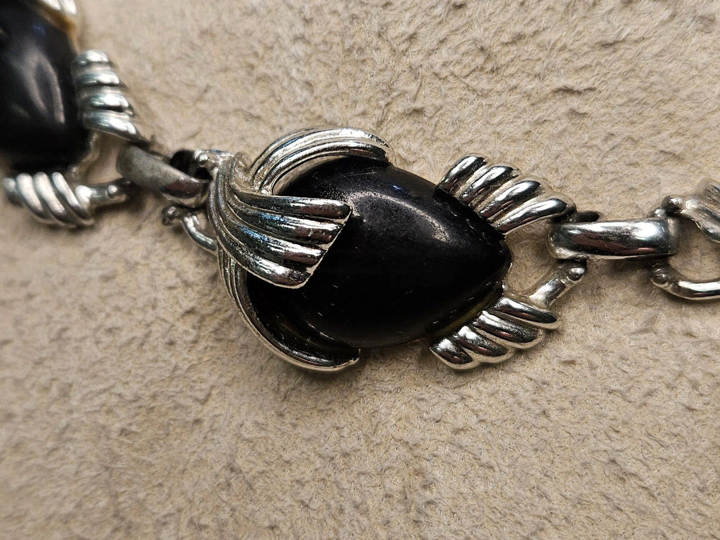 Emmons Lucite Necklace with Black Cabochons in Silver Settings - Mid Century Modern Emmons Necklace - Art Deco Lucite Emmons Designer Wear