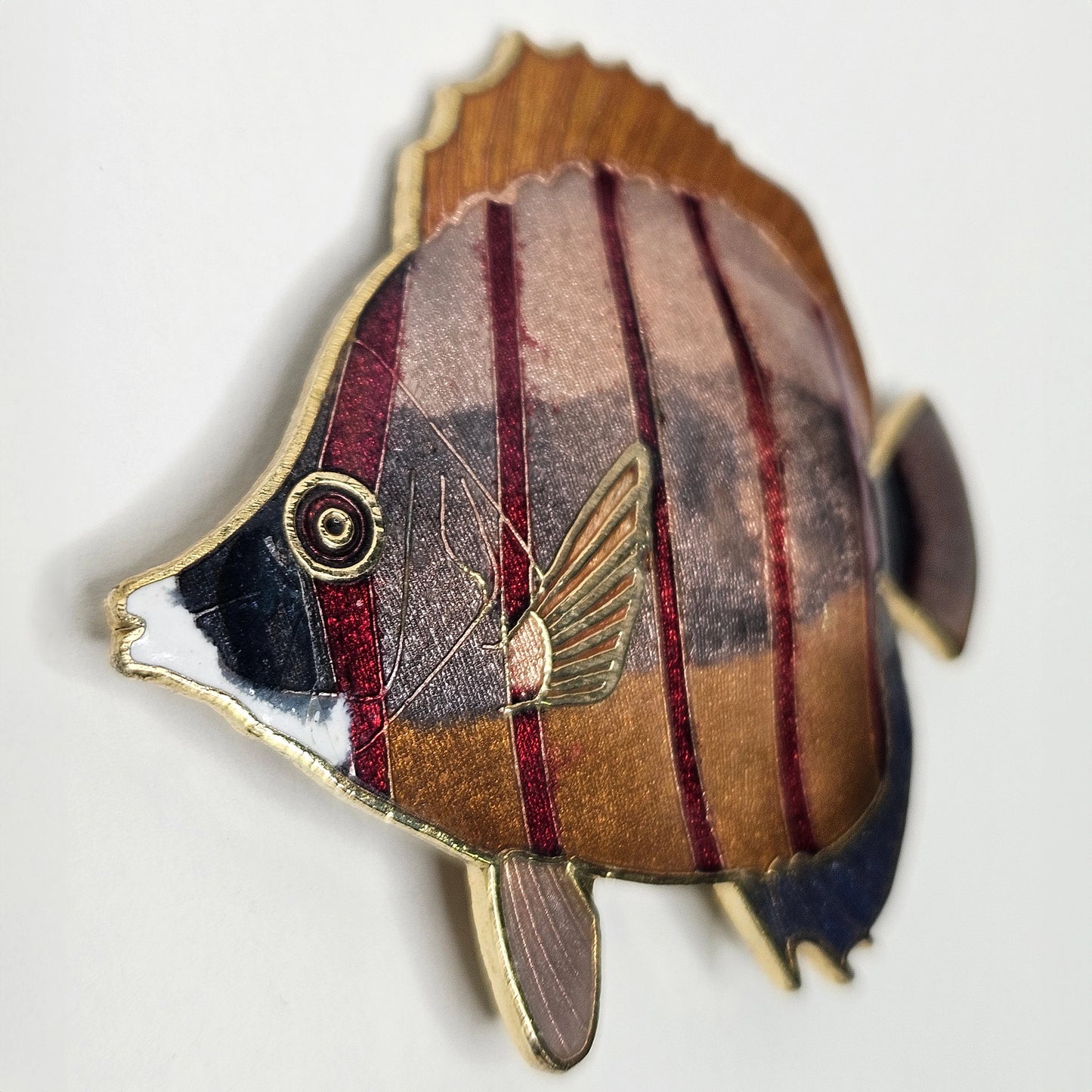 Red Enamel Striped Angel Fish Brooch - Large Mid Century Enameled Angel Fish Brooch - Fish Brooch looks 3 Dimensional - Collect Fish Pins