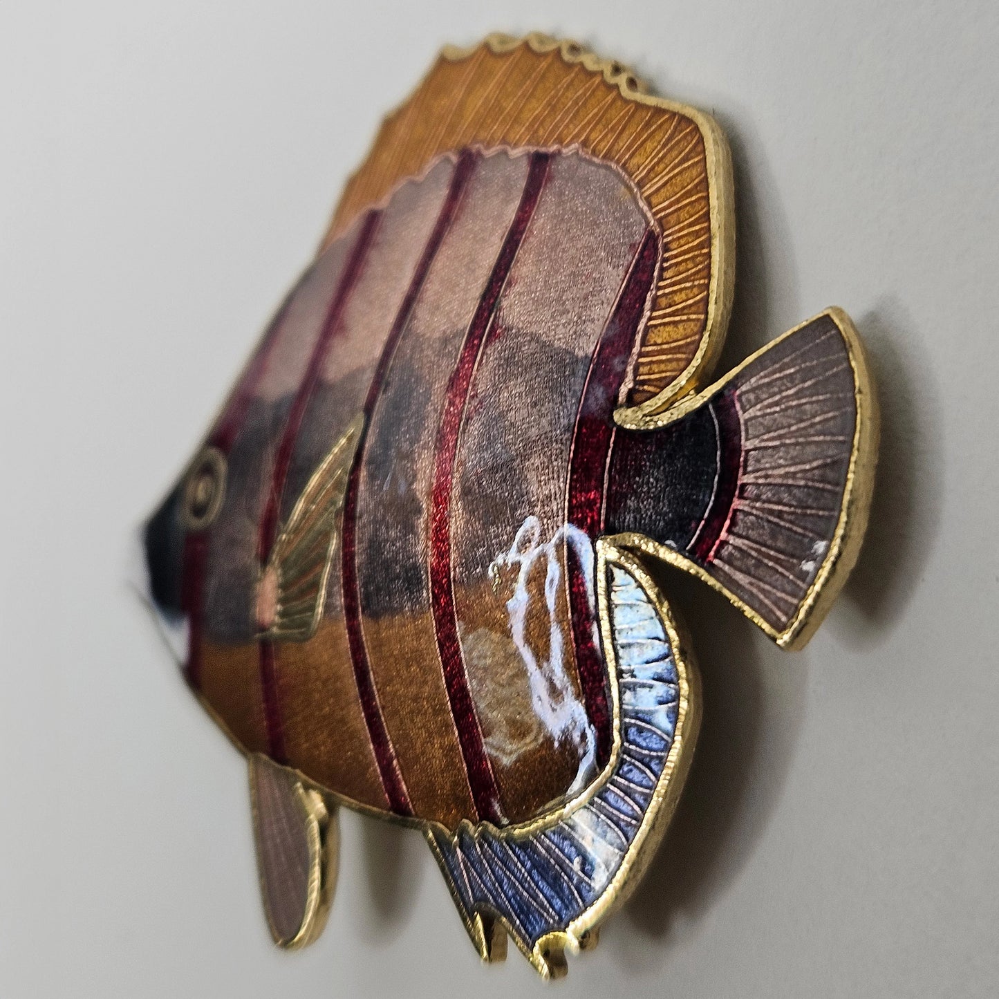 Red Enamel Striped Angel Fish Brooch - Large Mid Century Enameled Angel Fish Brooch - Fish Brooch looks 3 Dimensional - Collect Fish Pins