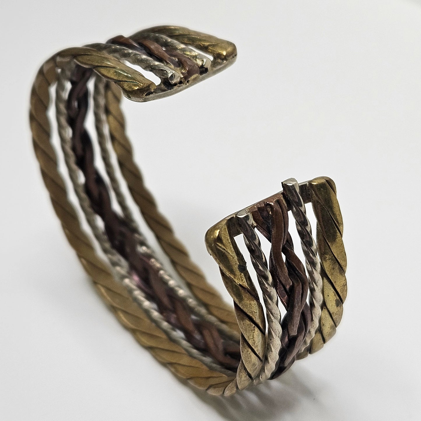Copper, Brass, and Steel Braided Cuff Bracelet - Adjustable Tri-Color Bracelet - Beautiful Boho Cuff Bracelet