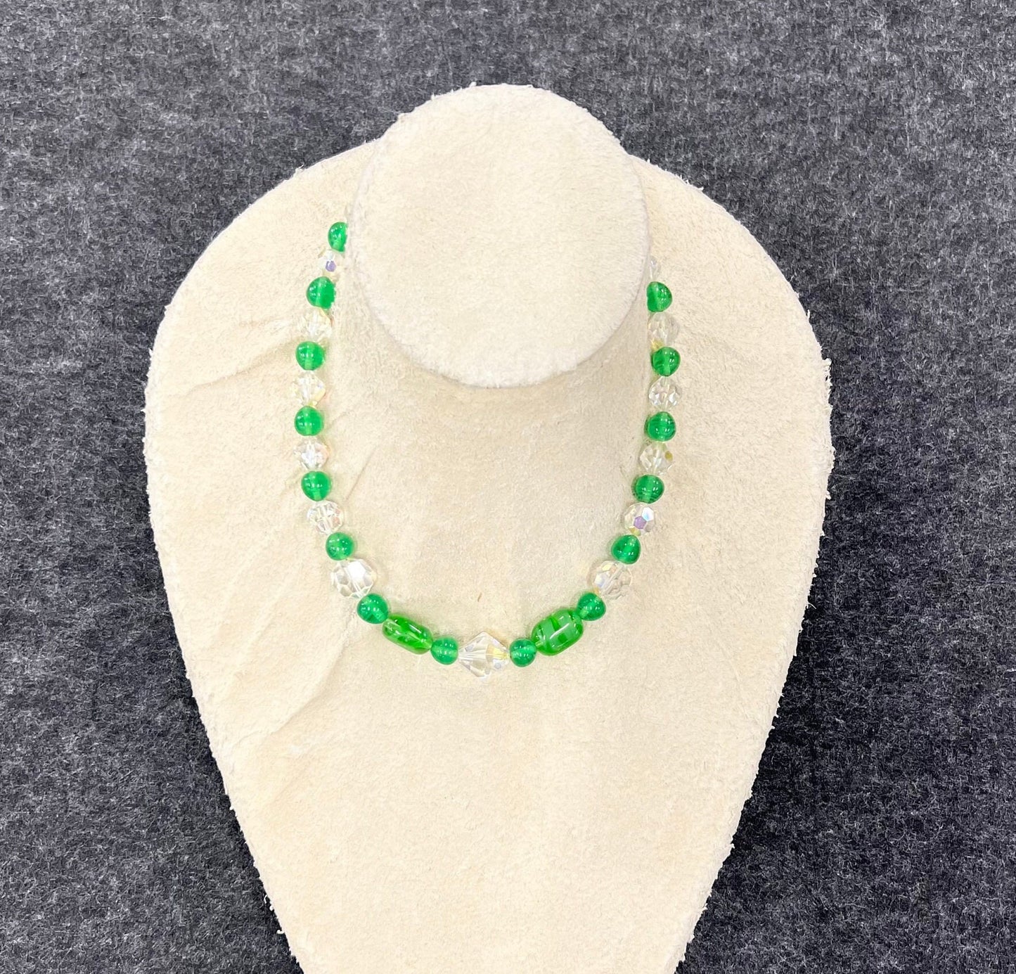 Green Glass Beads and Austrian Crystal Choker Necklace and Matching Earrings - Stunning Italian Green Glass and Chrystal Parure