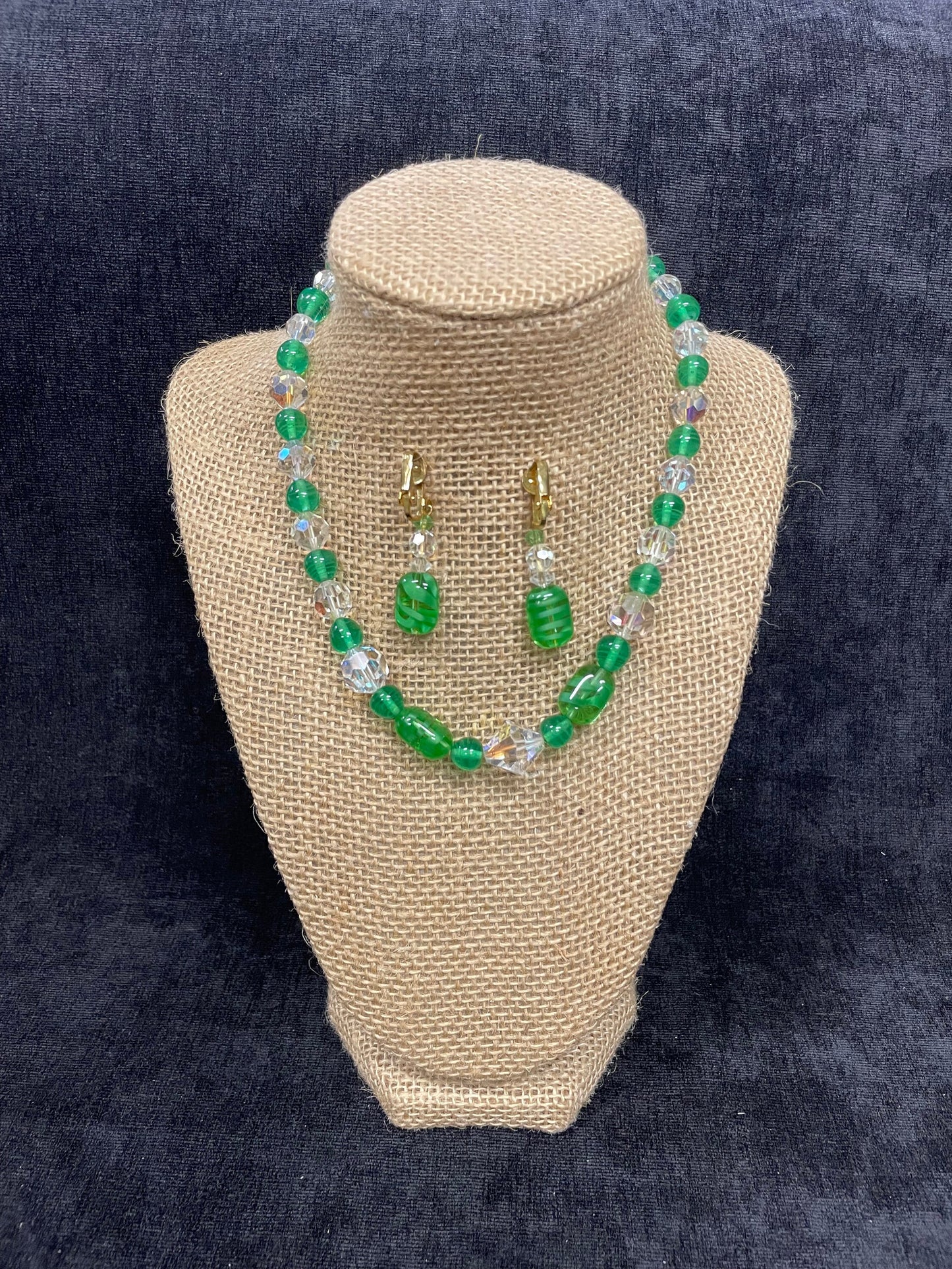 Green Glass Beads and Austrian Crystal Choker Necklace and Matching Earrings - Stunning Italian Green Glass and Chrystal Parure