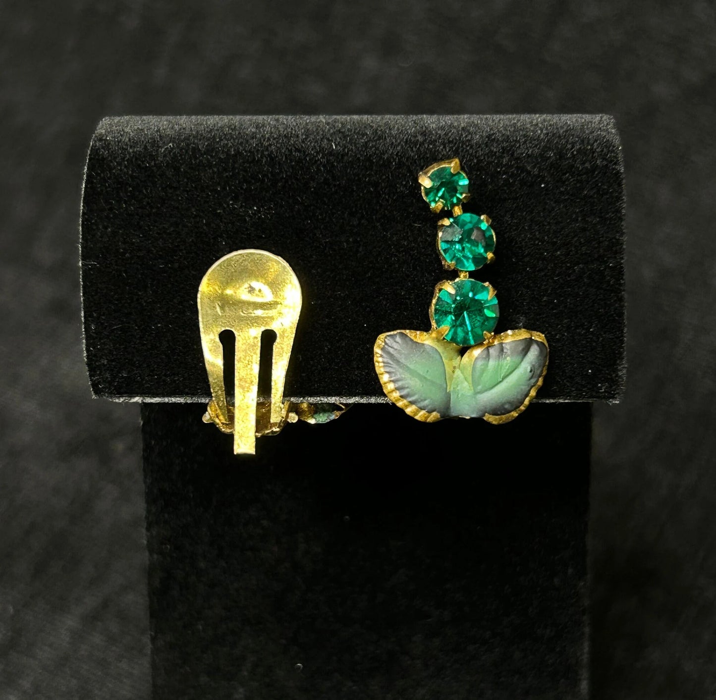 Green Leaves / Rhinestone Clip On Brooch Earrings