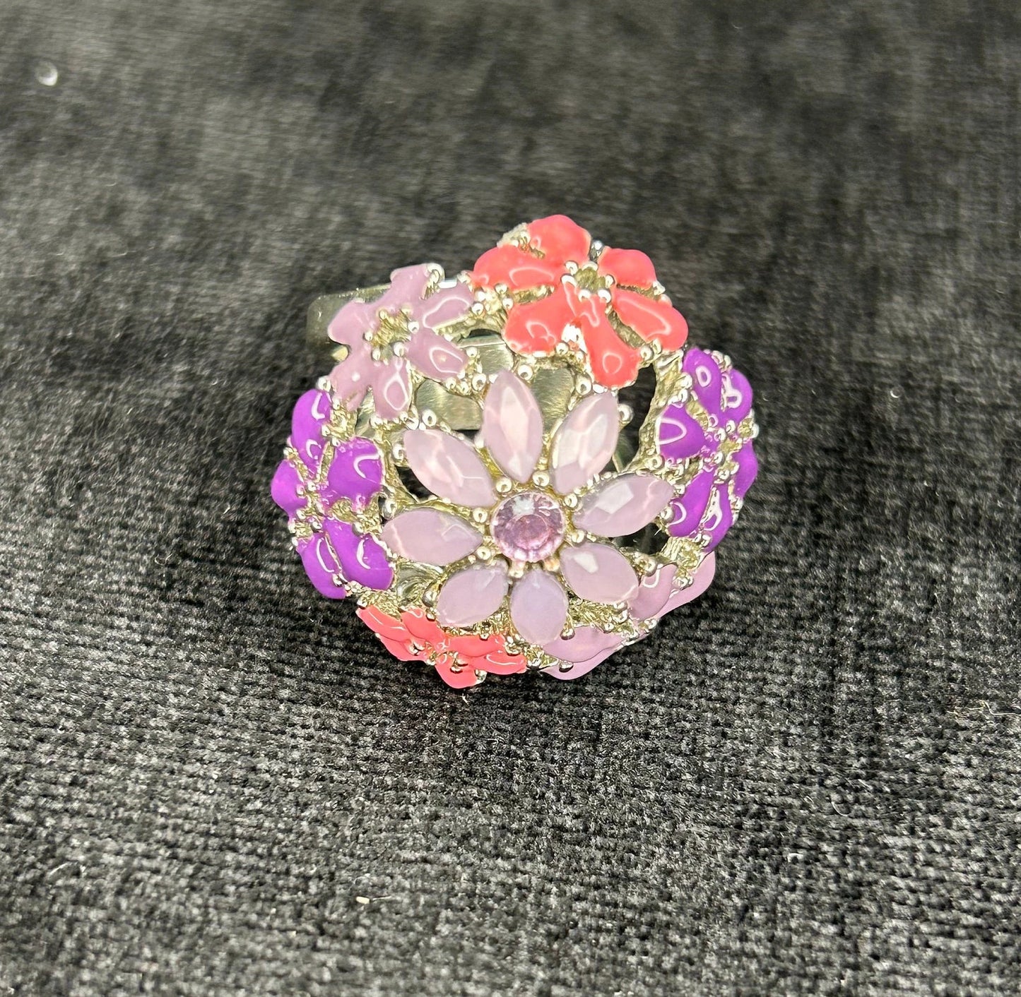 Pink, Purple and Orange Enameled Flowers, Crowned with Crystals on a Princess Ring