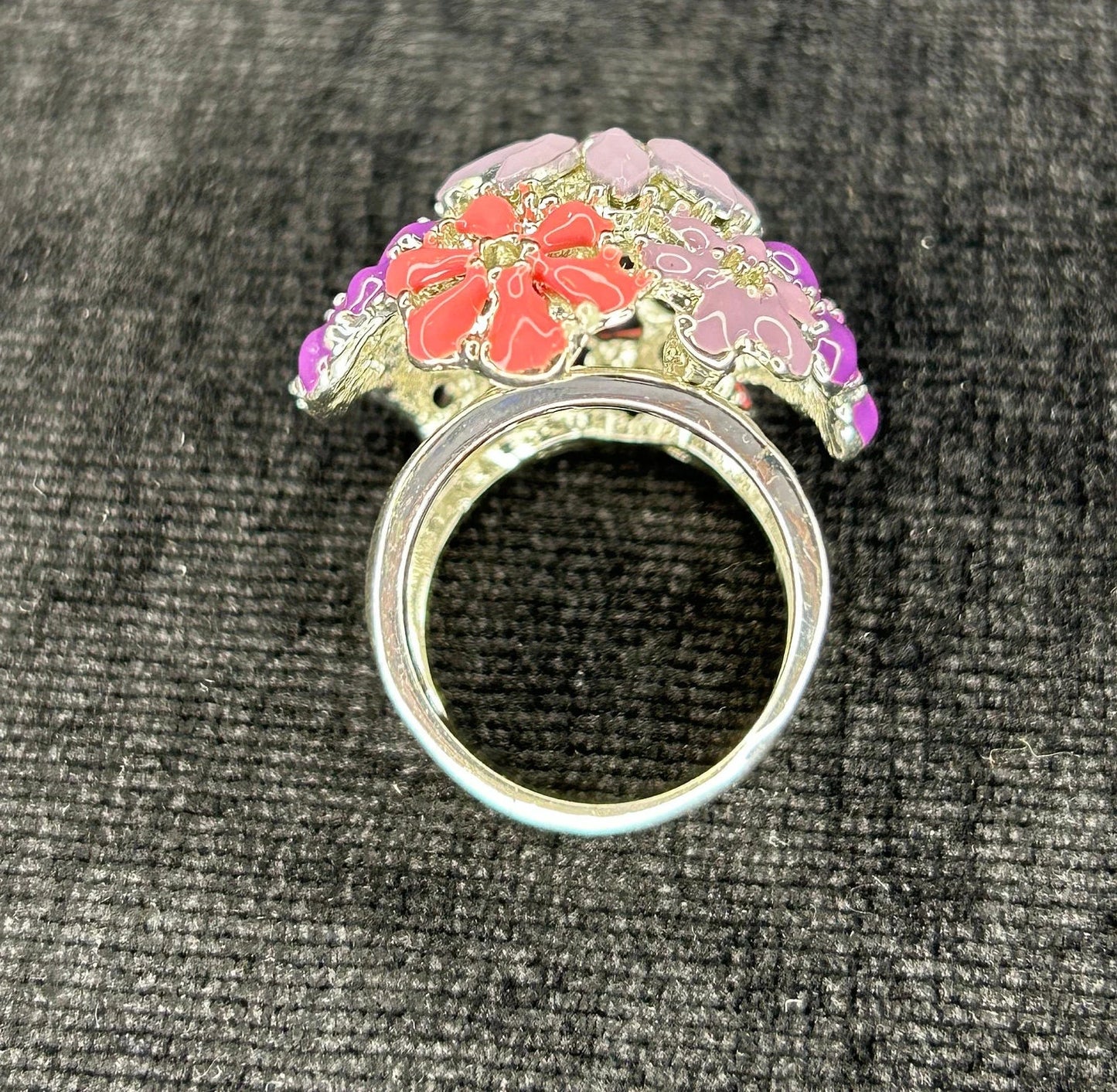 Pink, Purple and Orange Enameled Flowers, Crowned with Crystals on a Princess Ring