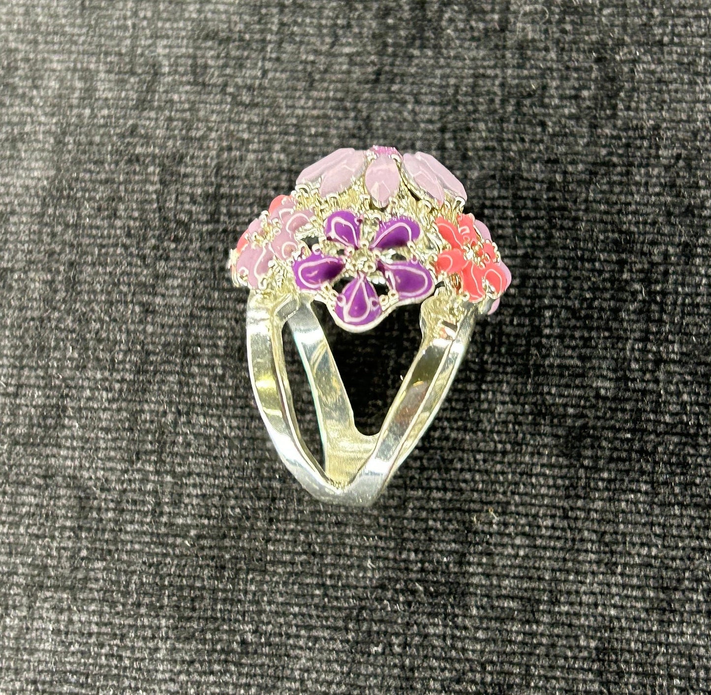 Pink, Purple and Orange Enameled Flowers, Crowned with Crystals on a Princess Ring