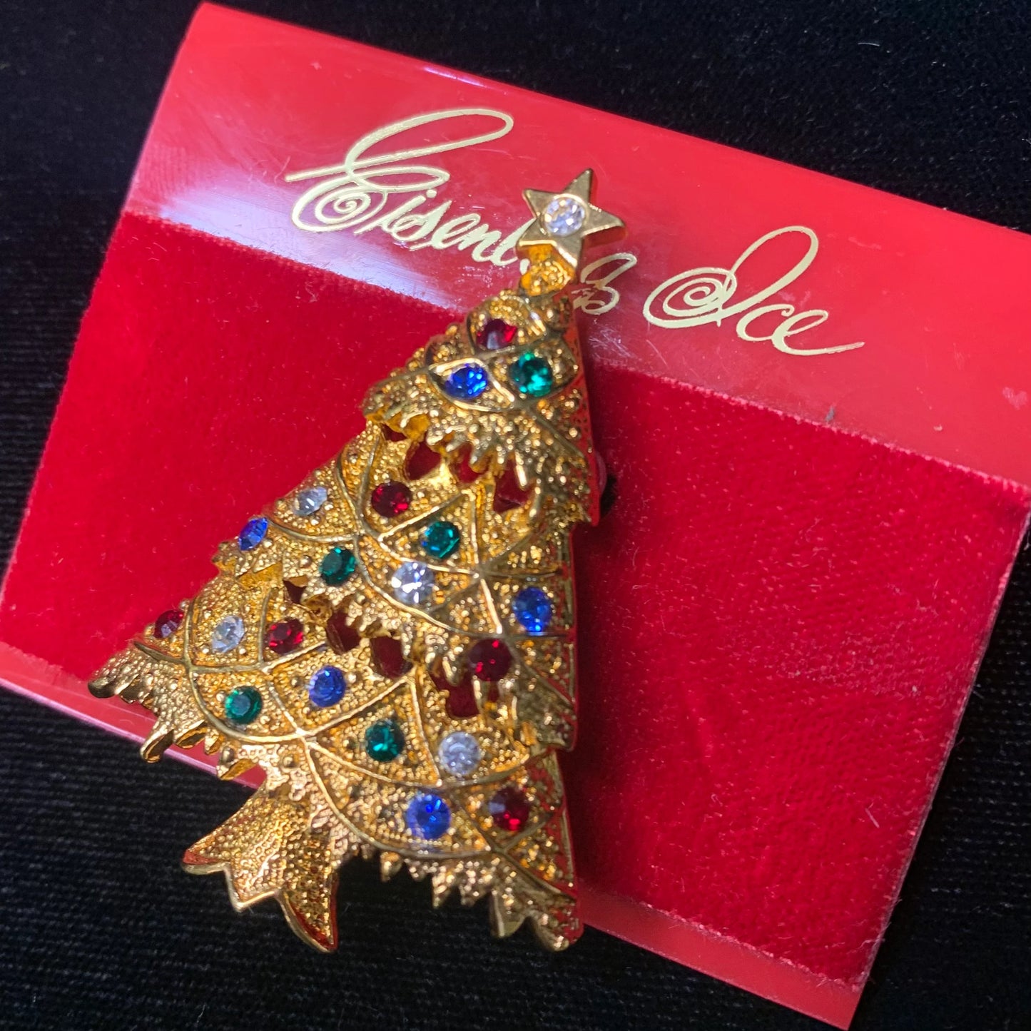 Eisenberg Christmas Tree Brooch Pin - Multicolor Eisenberg Rhinestones Lighting Gold Holiday tree