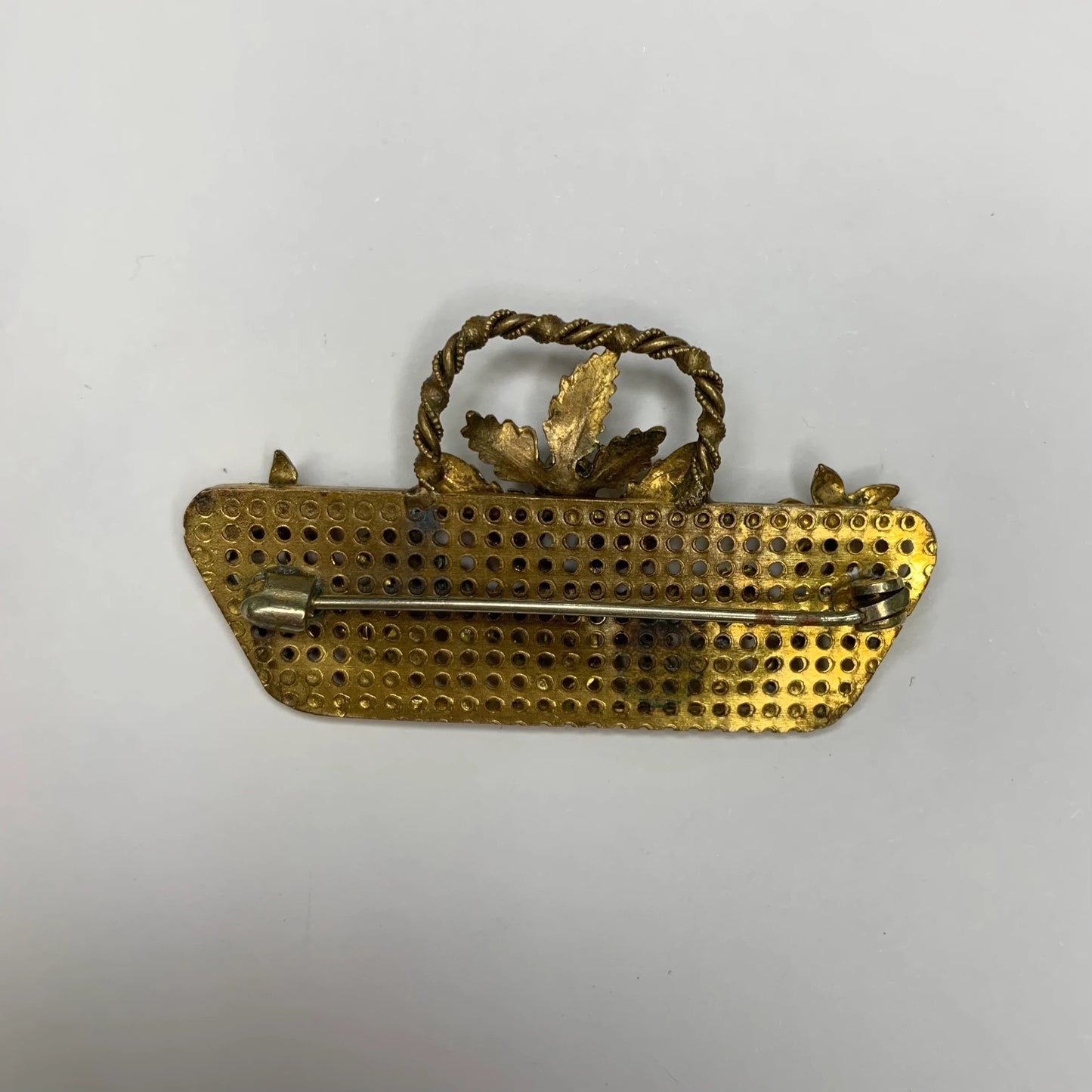 Brass and Rhinestone Floral Basket Brooch Pin