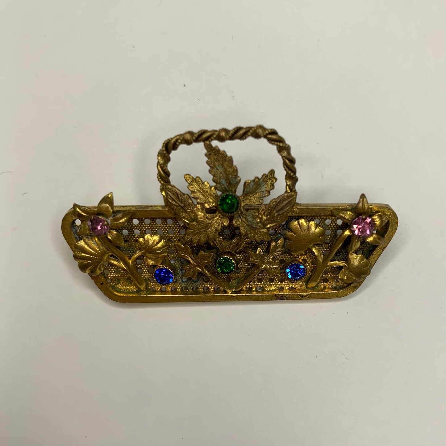 Brass and Rhinestone Floral Basket Brooch Pin