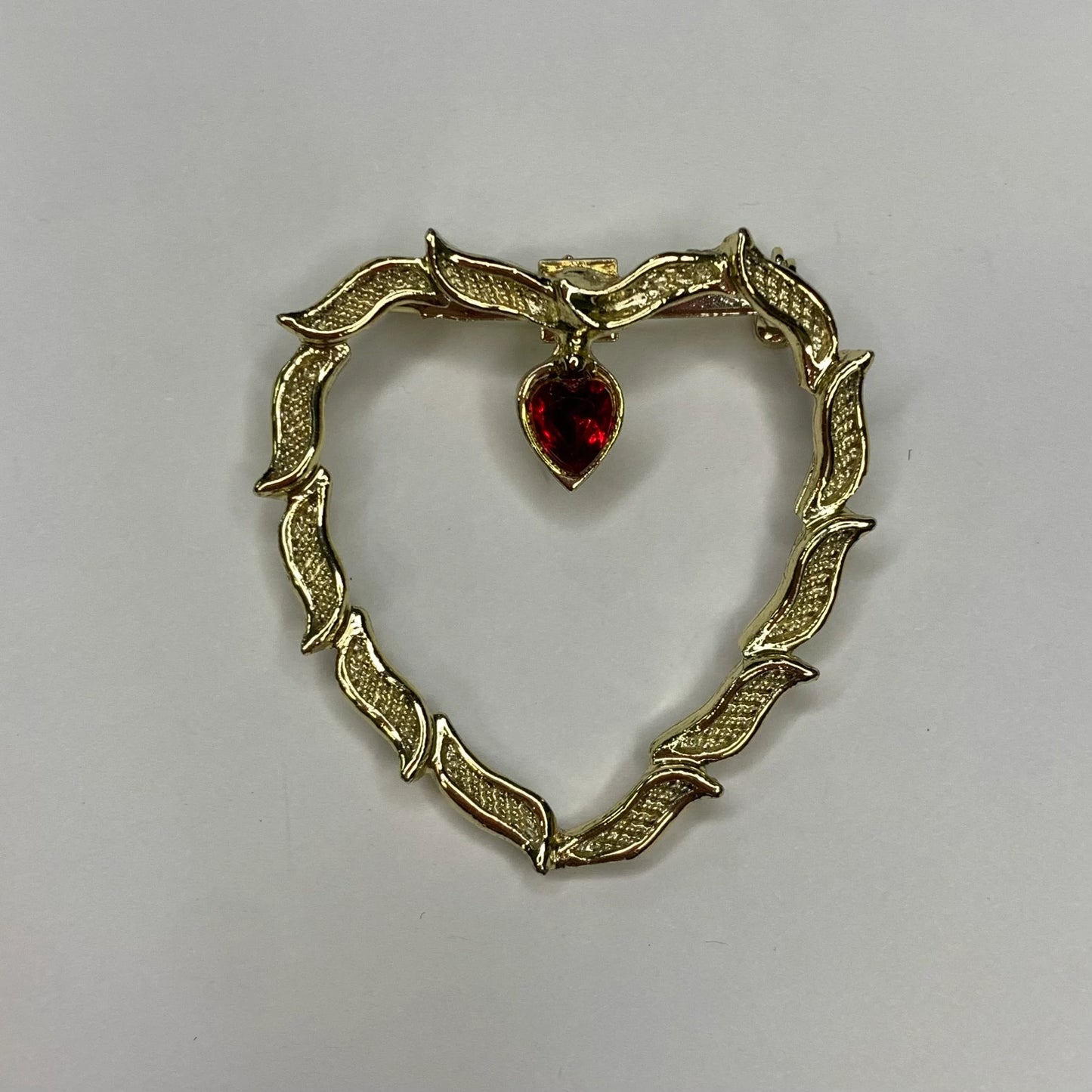 Gold Plated Heart Pin With Red Heart Rhinestone Drop
