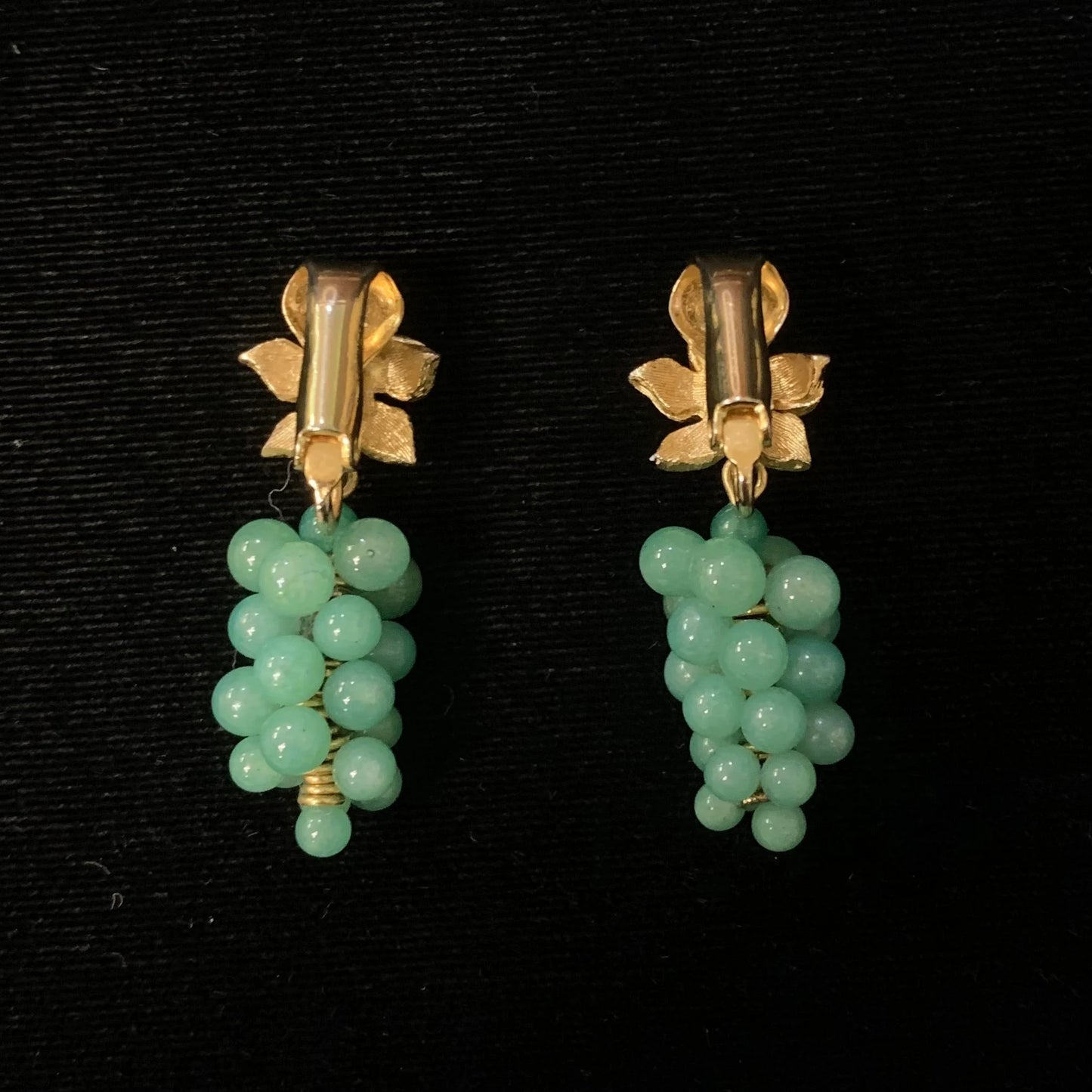 Green Jade Grape Clusters with Gold Tone Leaf Base - Clip-On Earrings - Bunch of Jade Grapes fall from Gold-Toned Leaves