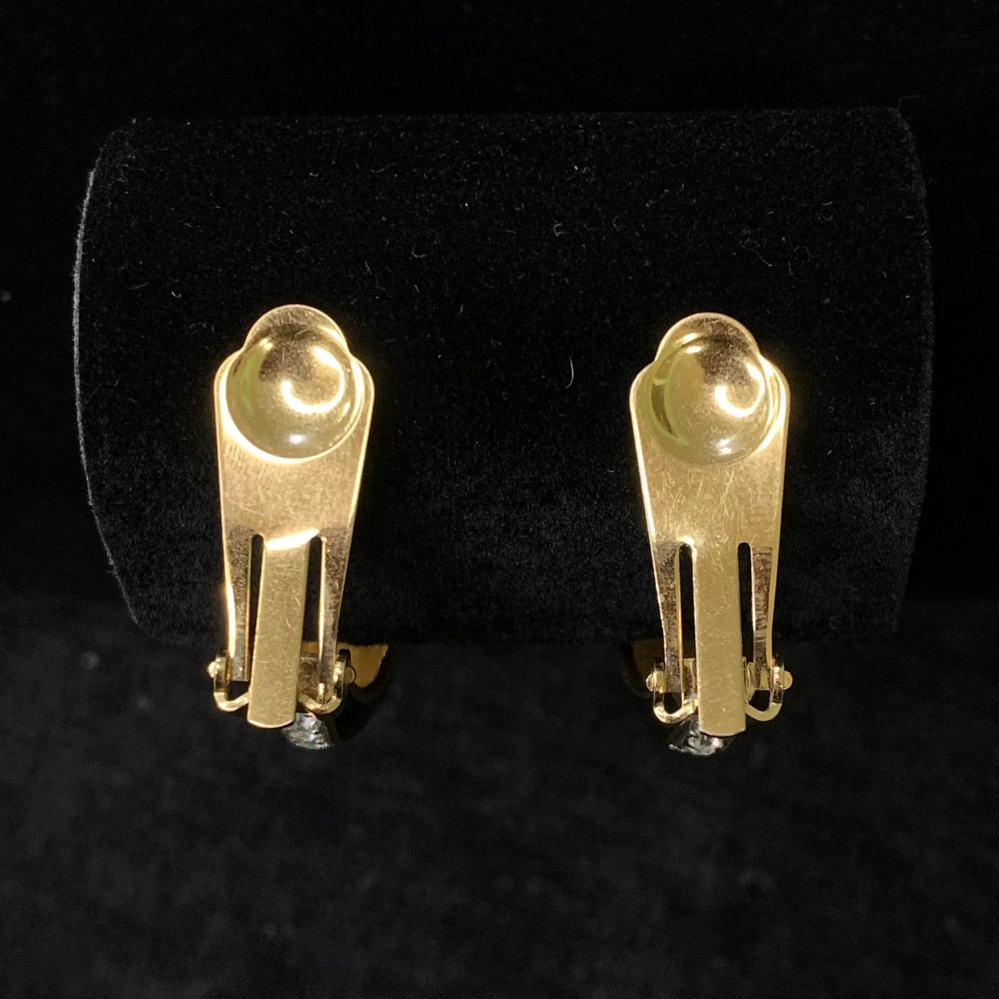 Vintage Essex Clip-On Earrings - Black Enamel and Rhinestones on Gold Tone