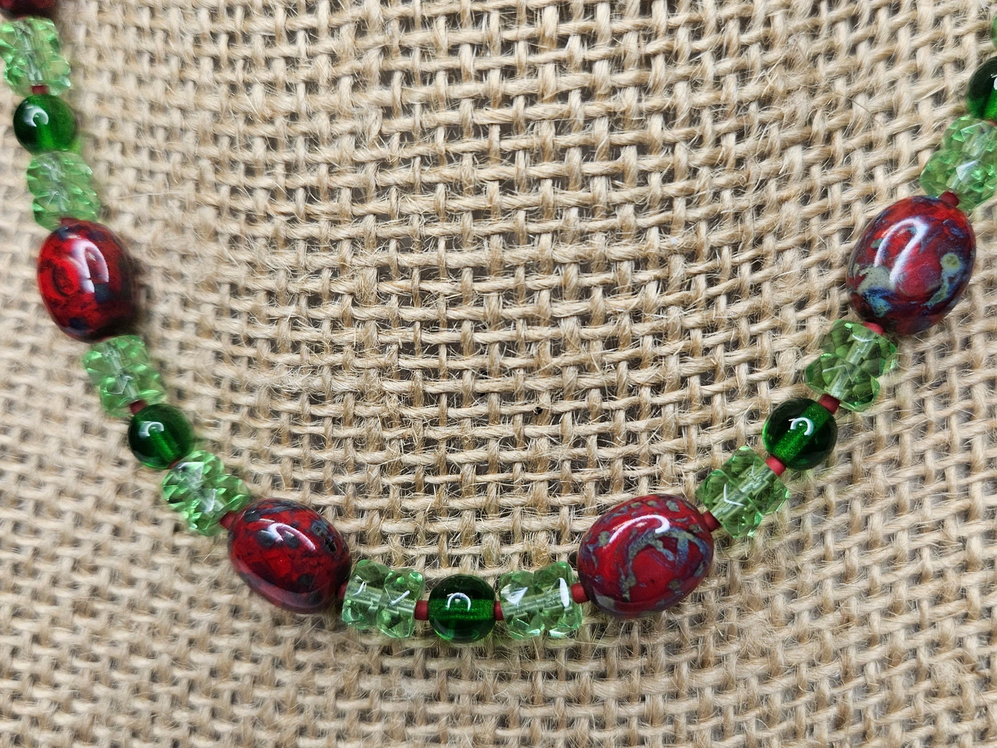 Red And Green Beaded Necklace - Painted Glass Beads