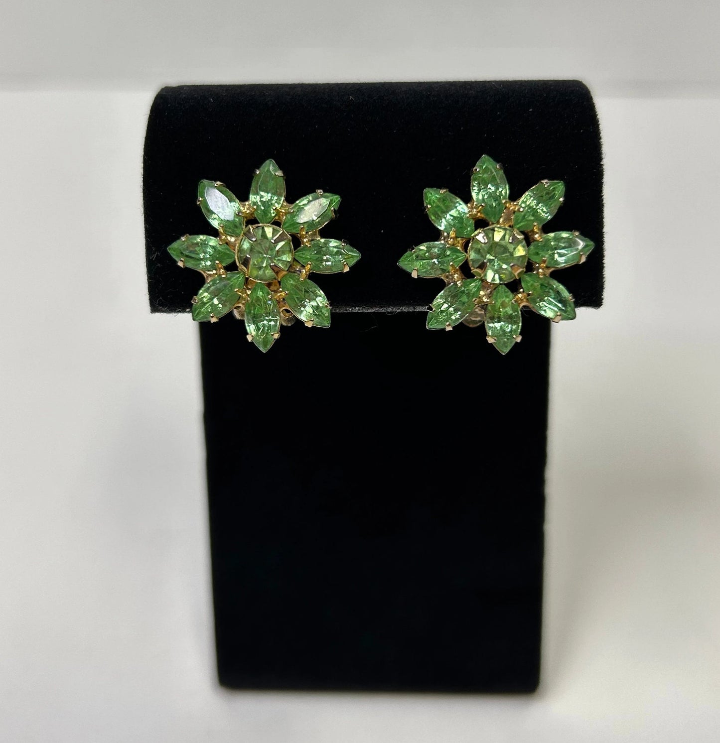 Green Rhinestone Clip on Earrings