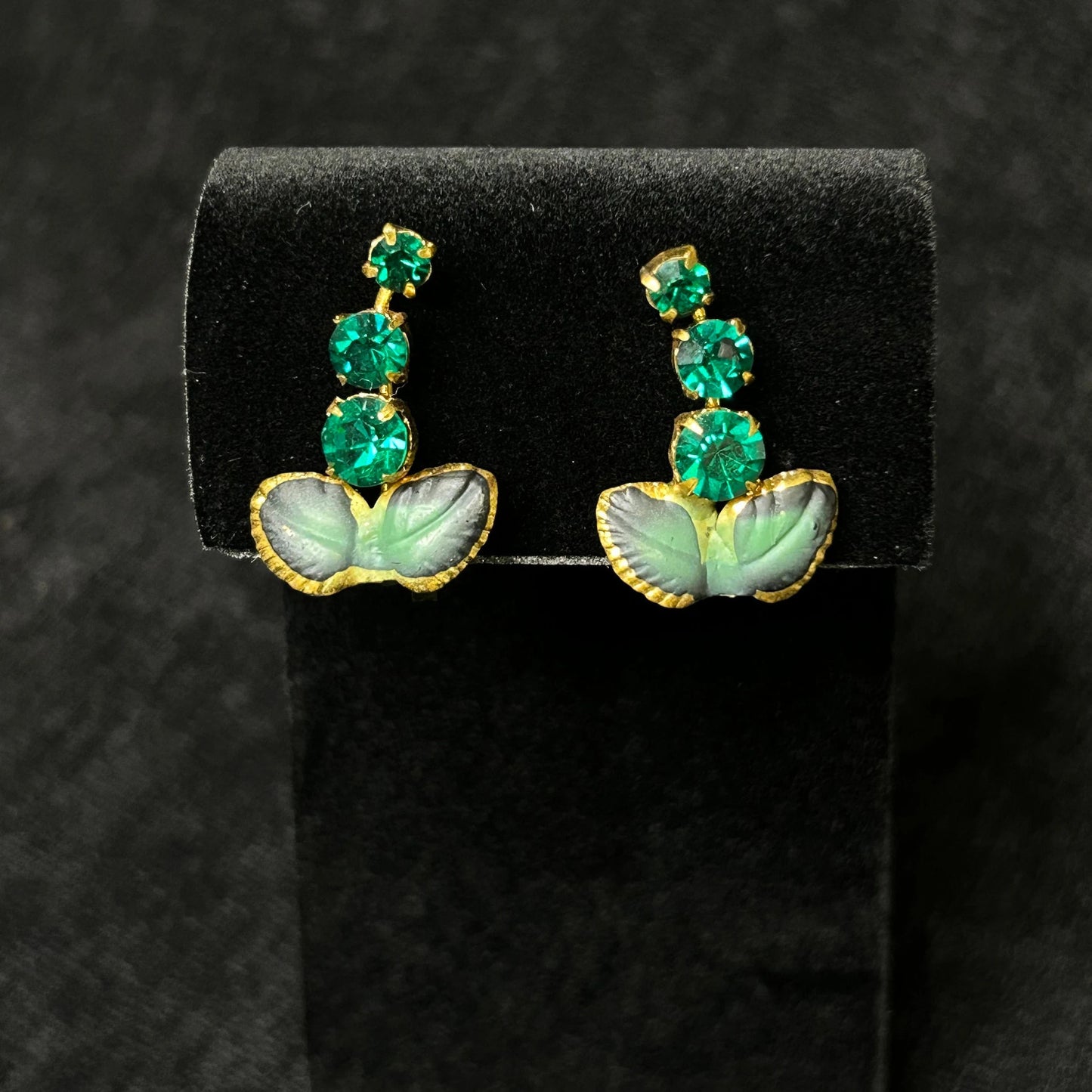 Green Leaves / Rhinestone Clip On Brooch Earrings