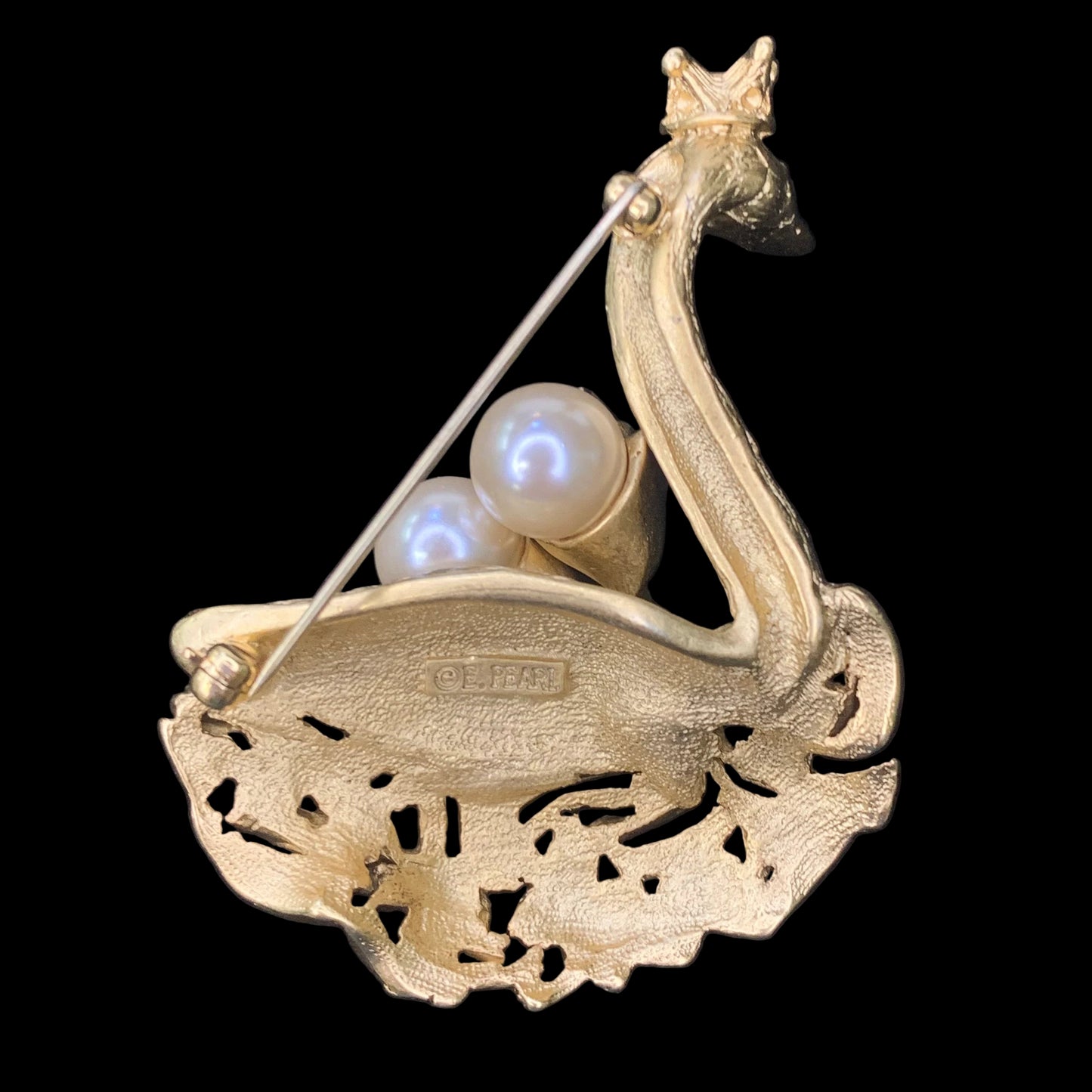 Rare Erwin Pearl Swan Brooch - Gold Tone Swan With Fan of Large Pearls and Rhinestone Eyes Brooch Pin - Stunning E. Pearl Large Swan Brooch