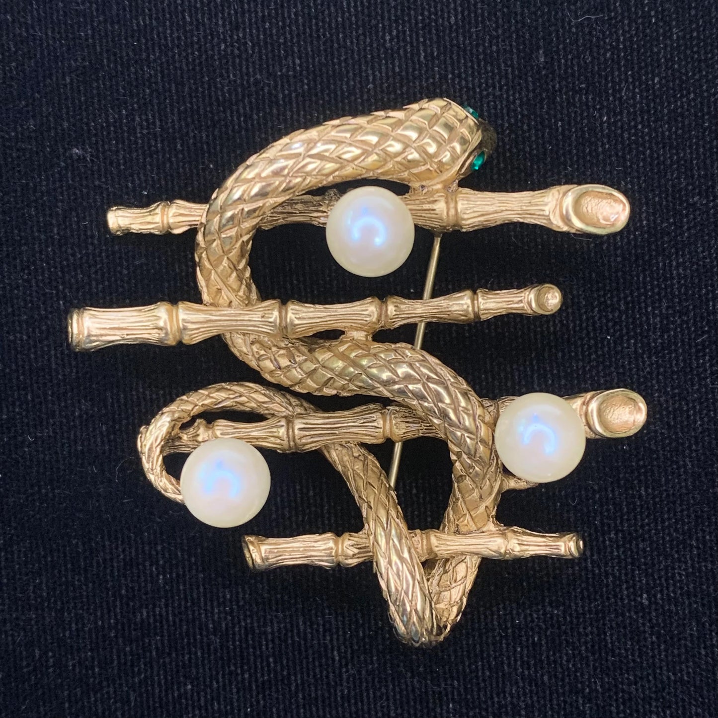 Erwin Pearl Pin - Gold Tone Snake with green Crystal Eyes on Bamboo Rods with Pearls- Large Snake Brooch by Erwin Pearl - Reptile Brooch