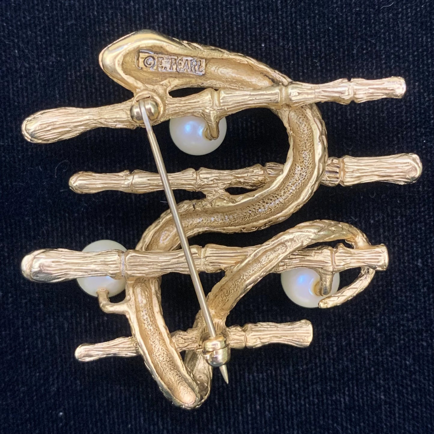 Erwin Pearl Pin - Gold Tone Snake with green Crystal Eyes on Bamboo Rods with Pearls- Large Snake Brooch by Erwin Pearl - Reptile Brooch