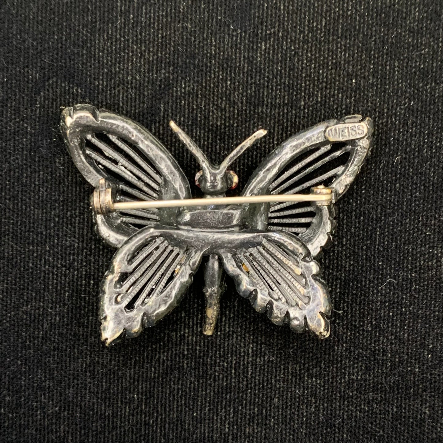 Vintage 1960s Weiss Black Butterfly With Rhinestones Brooch Pin