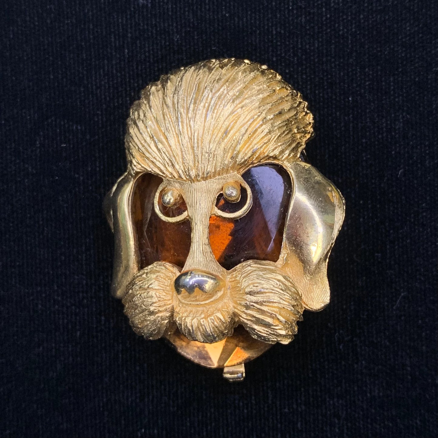 Poodle Brooch - with Rich Brown Glass Setting in Gold Tone Poodle Head Surround - Beautiful Brown Poodle Brooch - Poodle/ Dog Lover Brooch