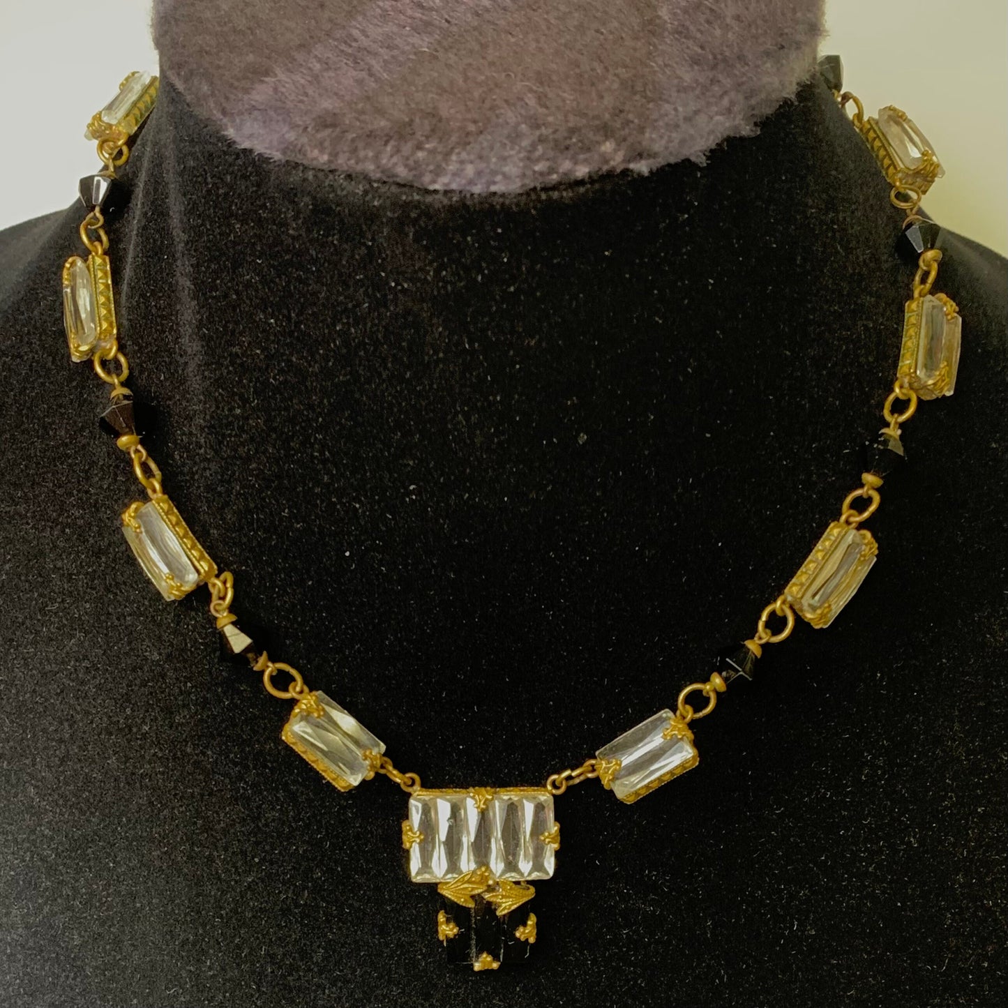 Vintage Black and Clear Crystal Necklace Set in Gold-Bronze Tone