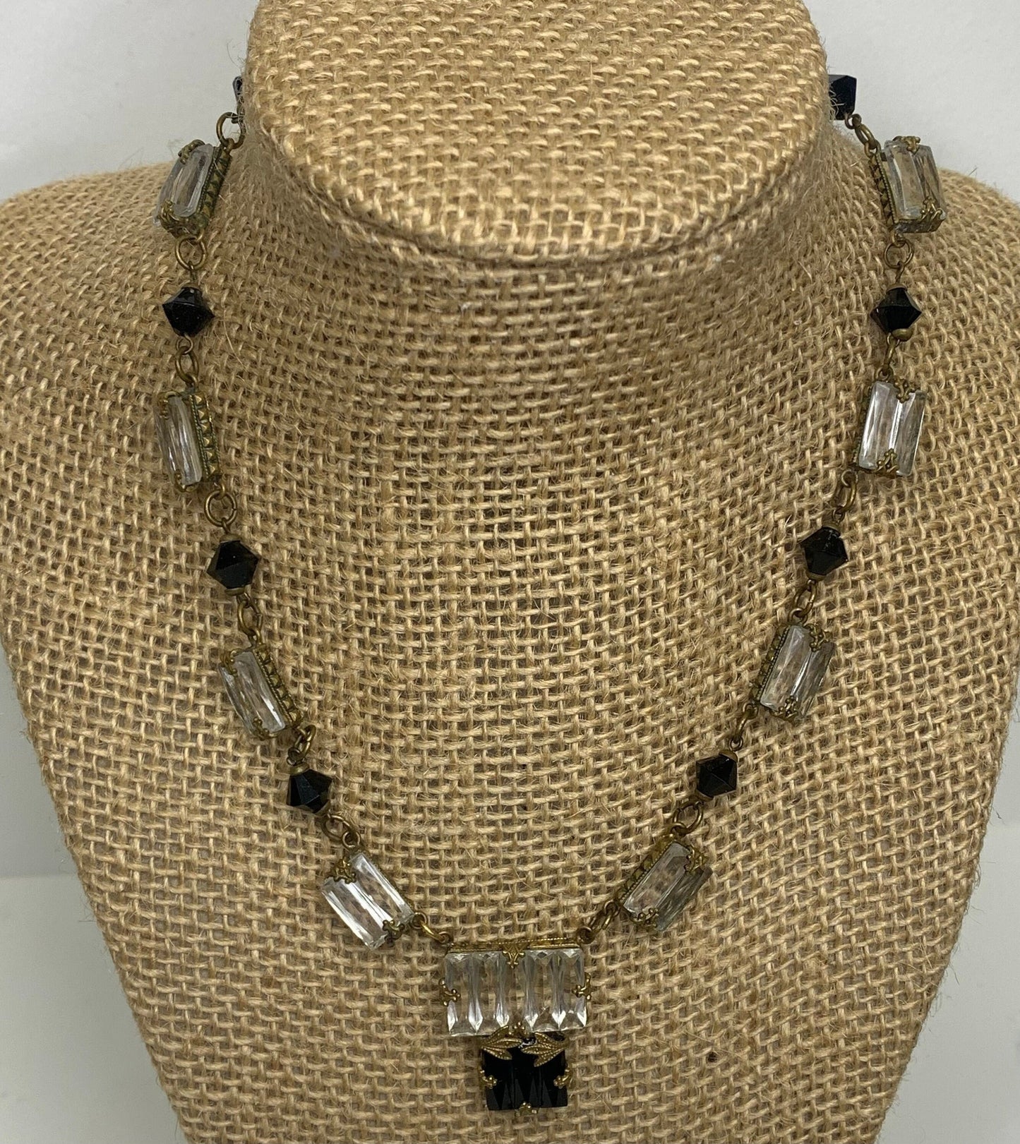 Vintage Black and Clear Crystal Necklace Set in Gold-Bronze Tone