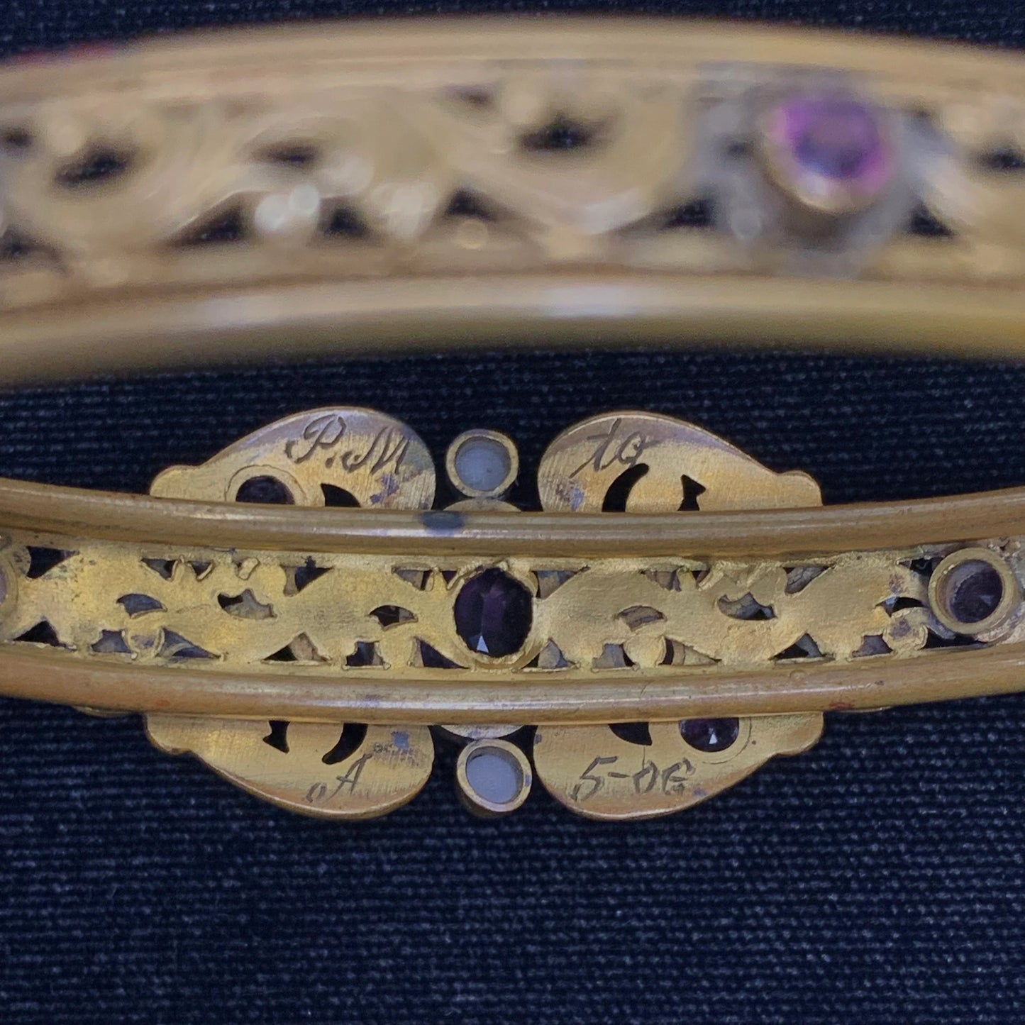 Vintage Victorian Purple Rhinestone and Pearl Bangle Bracelet Set in Gold Tone