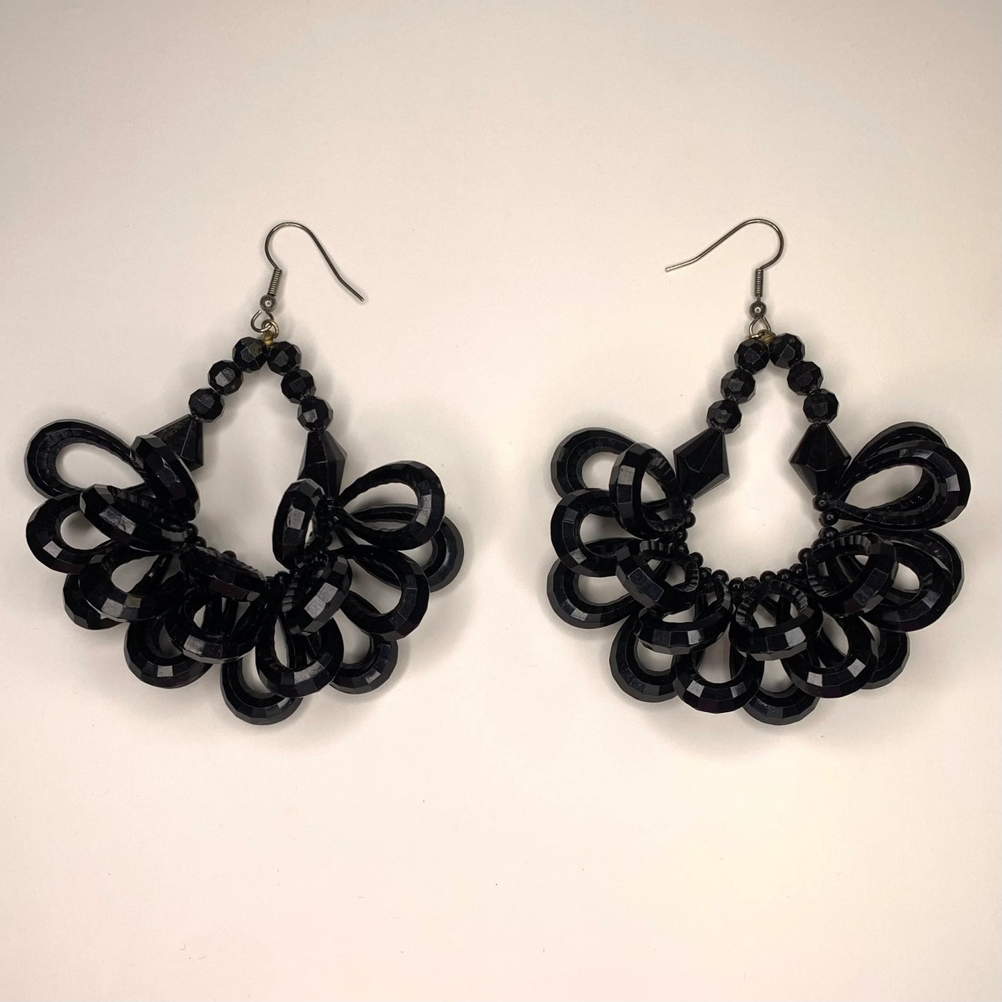Vintage Large Black Beaded French Hook Dangle Earrings - Fun 1930s Flapper Style Bead work - Great Fun Look!