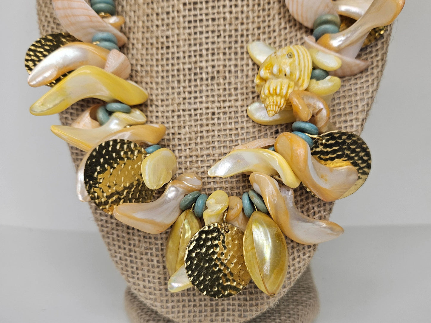Tropical Turquoise Beaded Sea Shell Statement Necklace - Gold Details Peach Colored Shells