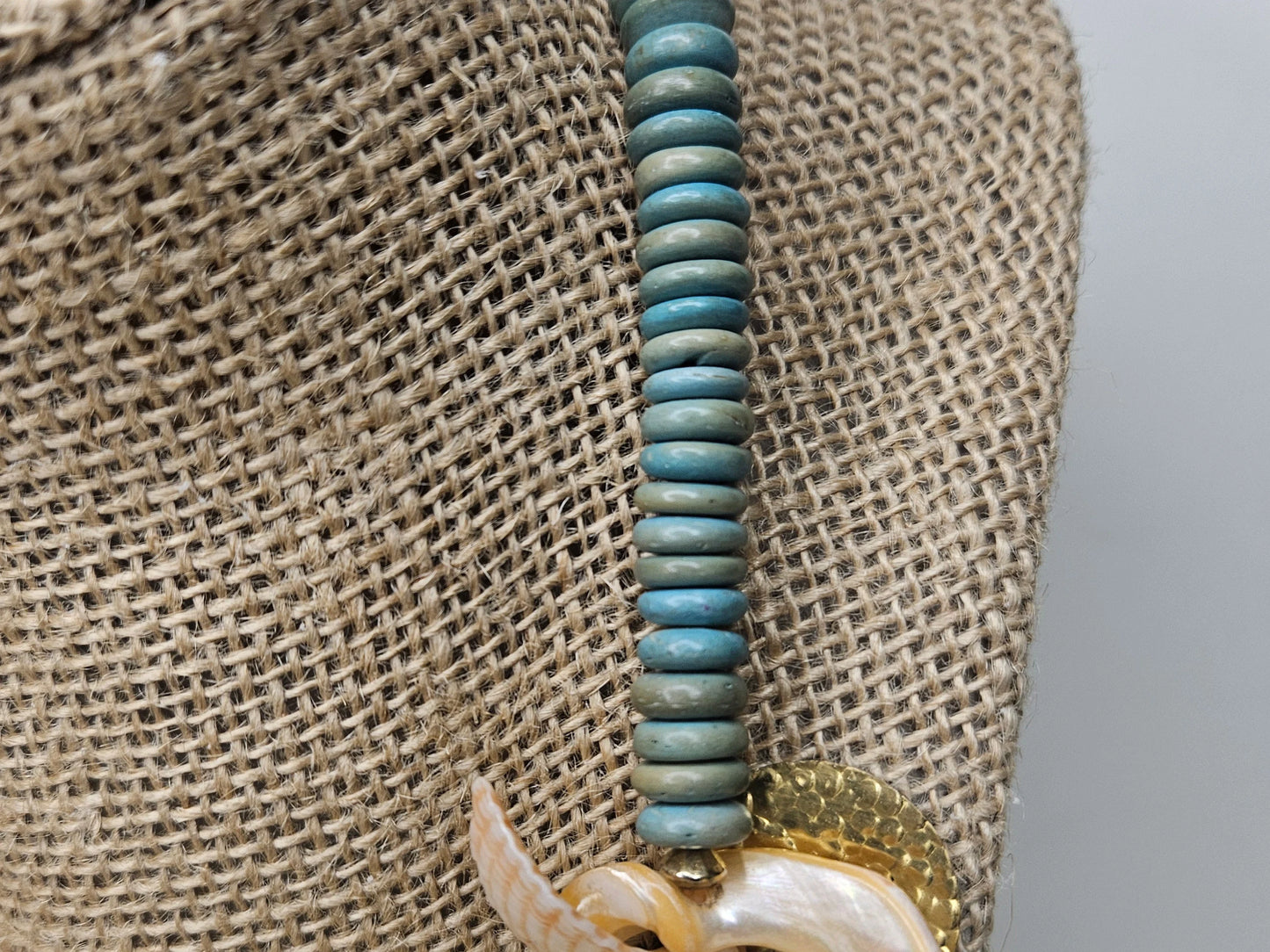 Tropical Turquoise Beaded Sea Shell Statement Necklace - Gold Details Peach Colored Shells