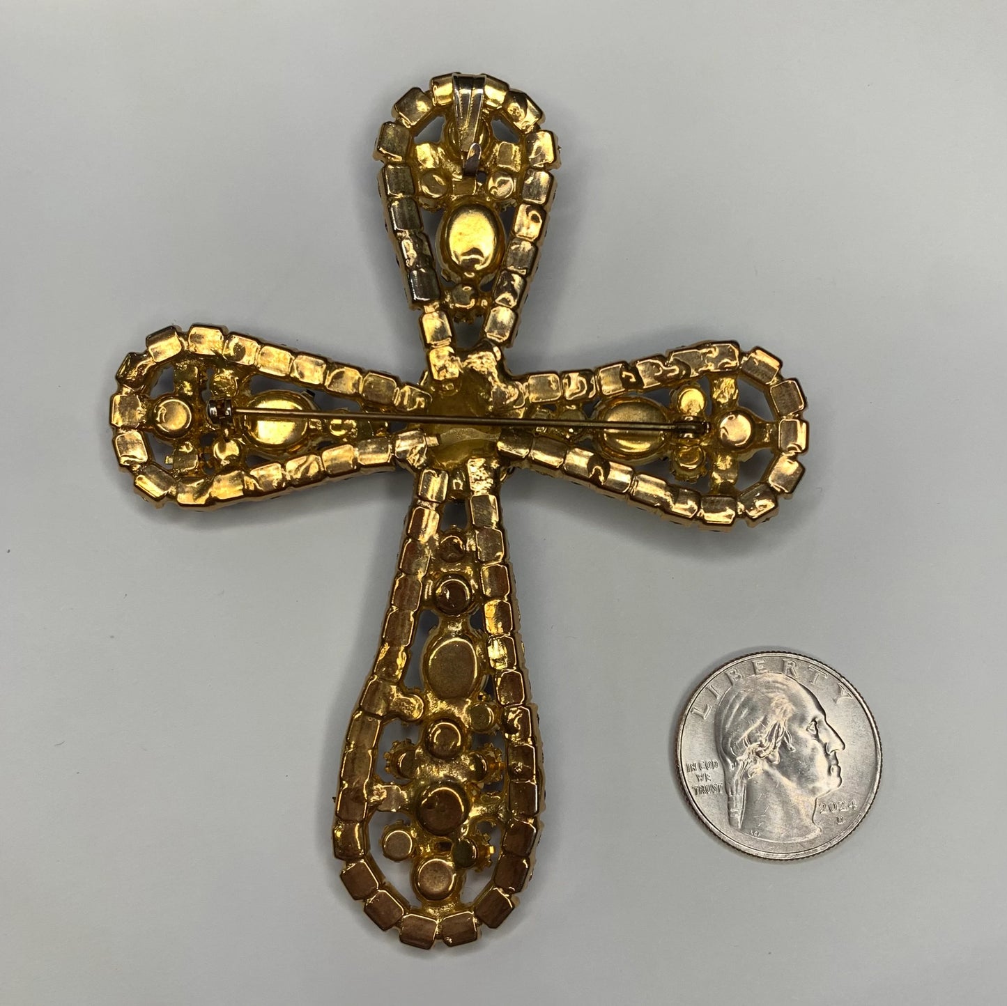 Stunning Large Blue and Green - Rhinestone Cross - Pendant and Brooch Pin