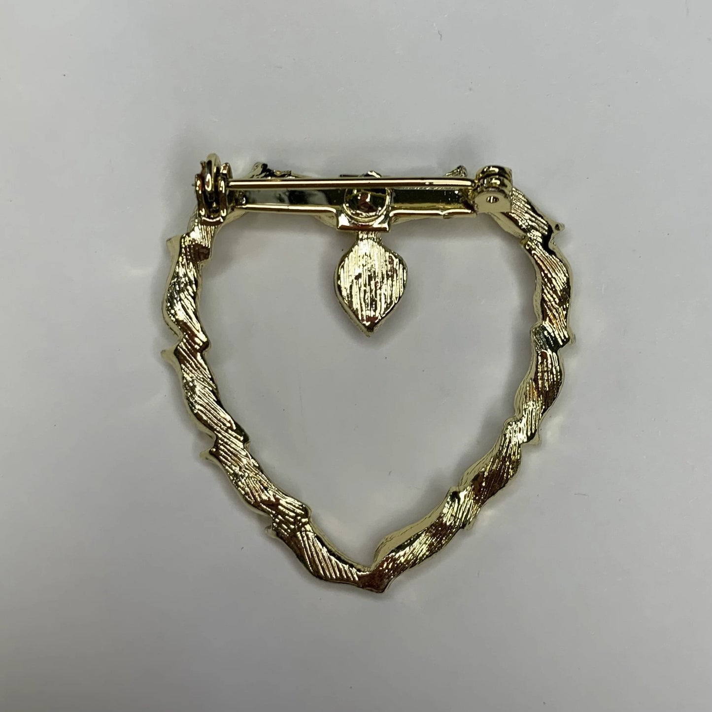 Gold Plated Heart Pin With Red Heart Rhinestone Drop