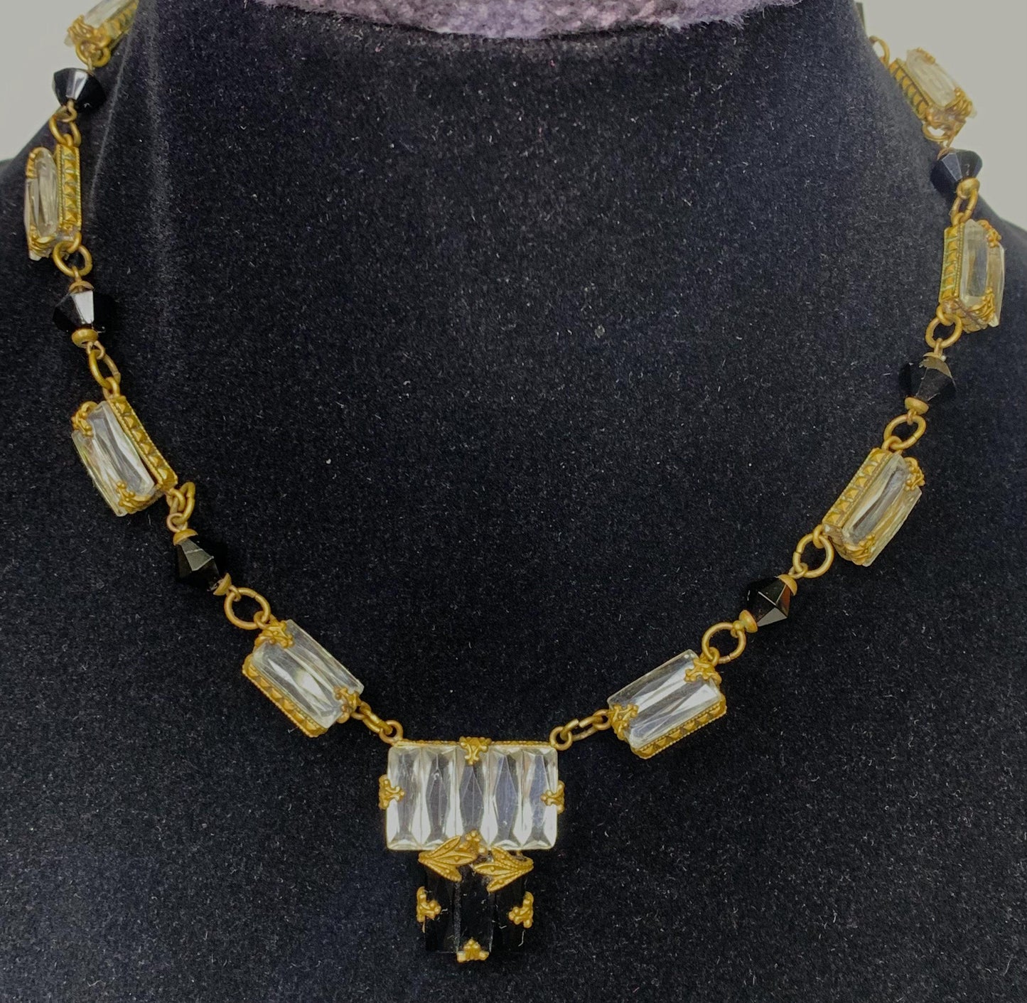 Vintage Black and Clear Crystal Necklace Set in Gold-Bronze Tone
