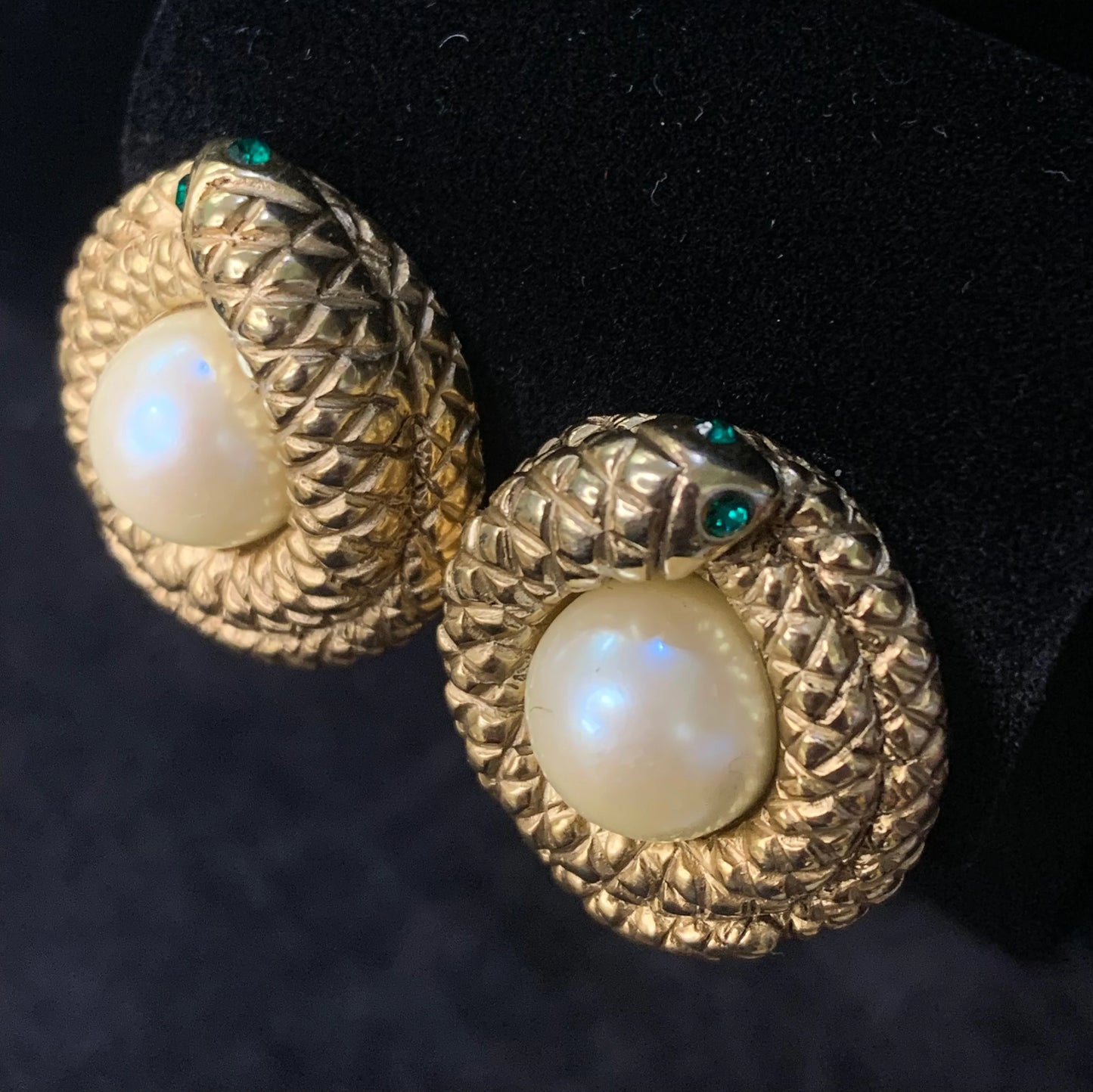 Vintage Erwin Pearl - Gold Snake - Clip-On Earrings - With Emerald Eyes and Pearl Center