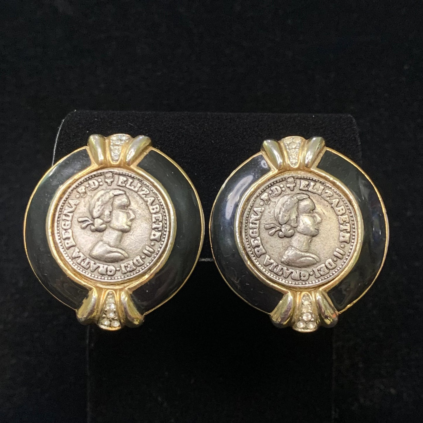 Queen Elizabeth II Coin in Gold and Black Enamel Surround, Elegant Clip-On Earrings - Ear rings for a Queen - British Coin