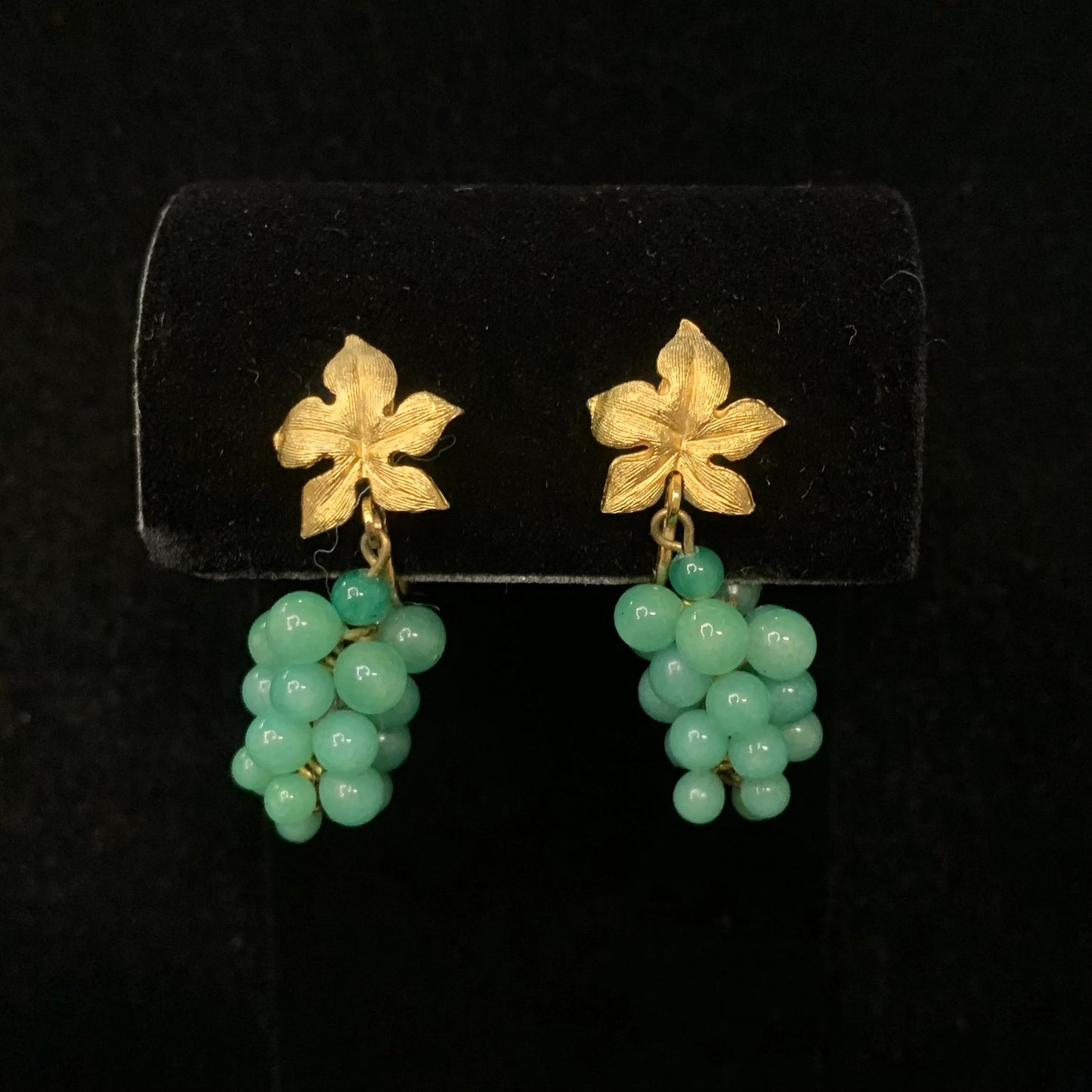 Green Jade Grape Clusters with Gold Tone Leaf Base - Clip-On Earrings - Bunch of Jade Grapes fall from Gold-Toned Leaves