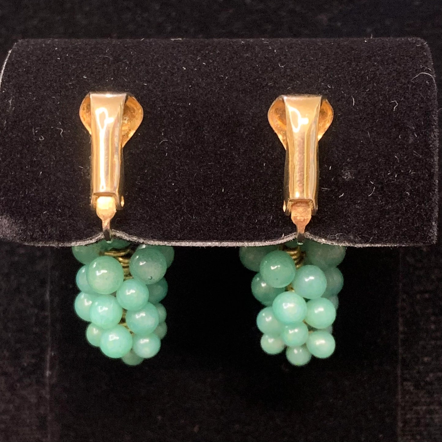 Green Jade Grape Clusters with Gold Tone Leaf Base - Clip-On Earrings - Bunch of Jade Grapes fall from Gold-Toned Leaves