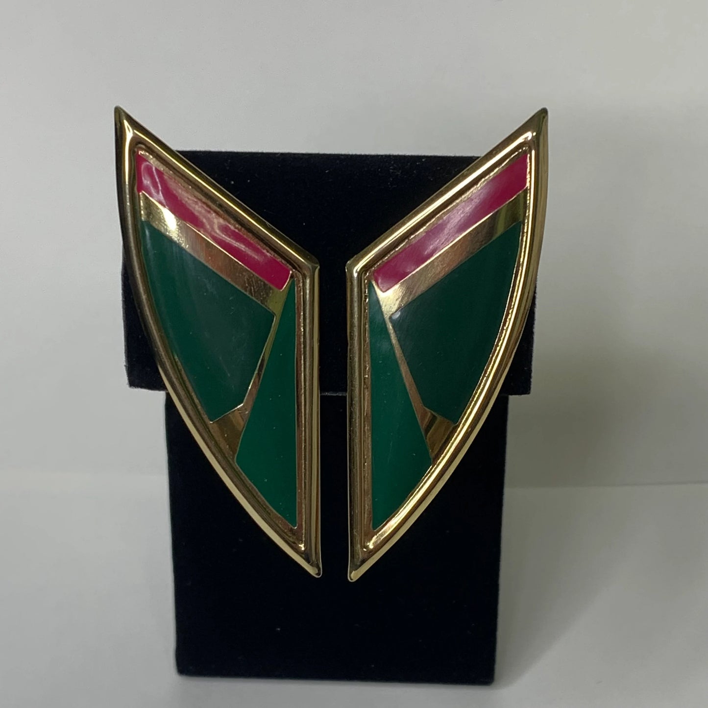 Vintage Lawrence Bott Green and Magenta Enamel on Gold-Toned Alloy Clip-On Earrings