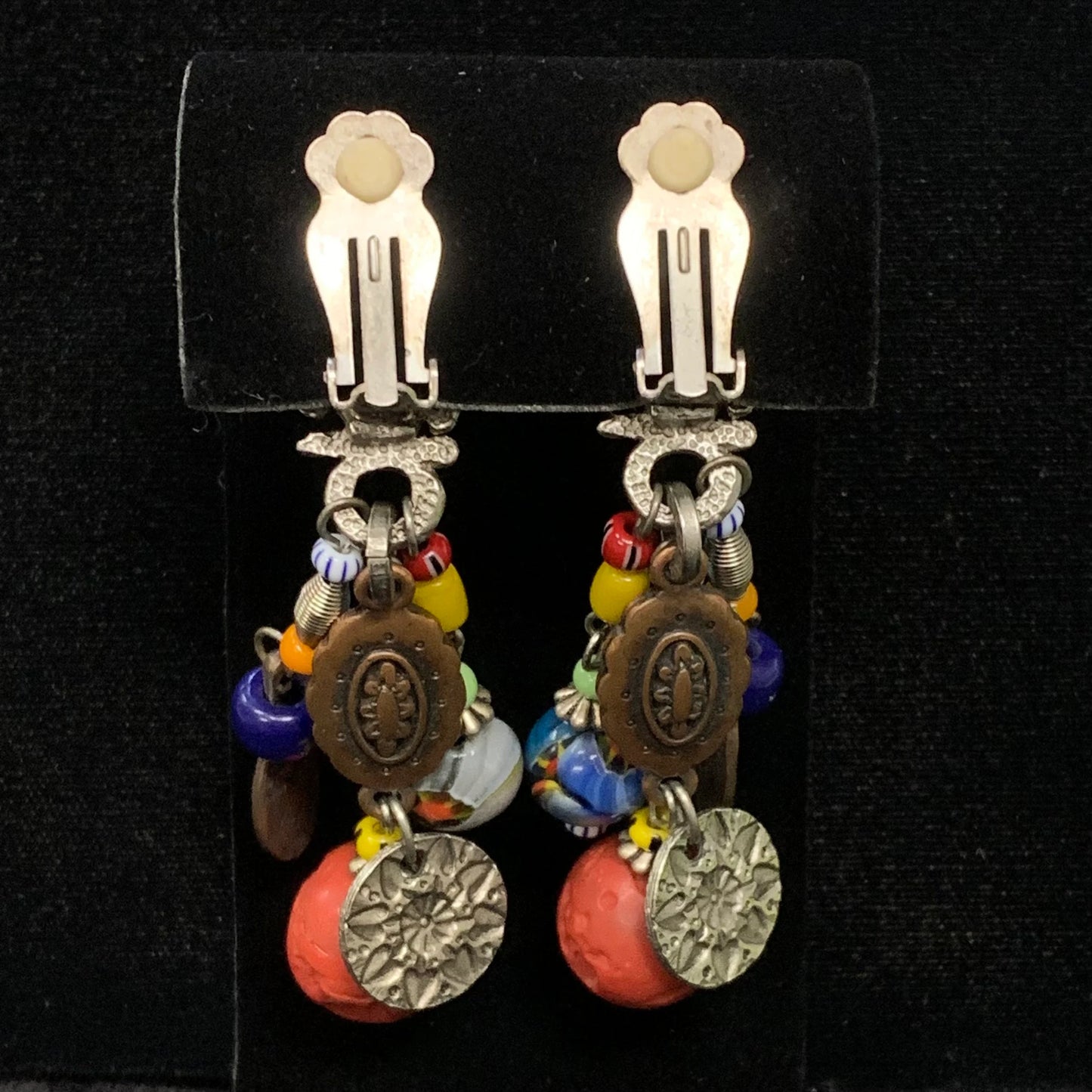 Robert Rose Earrings - Hand Blown Glass Beads - Wired together - Dangle from Silver Heart Shaped Ear clips - Terrific Boho 1960s Style Clip-ons
