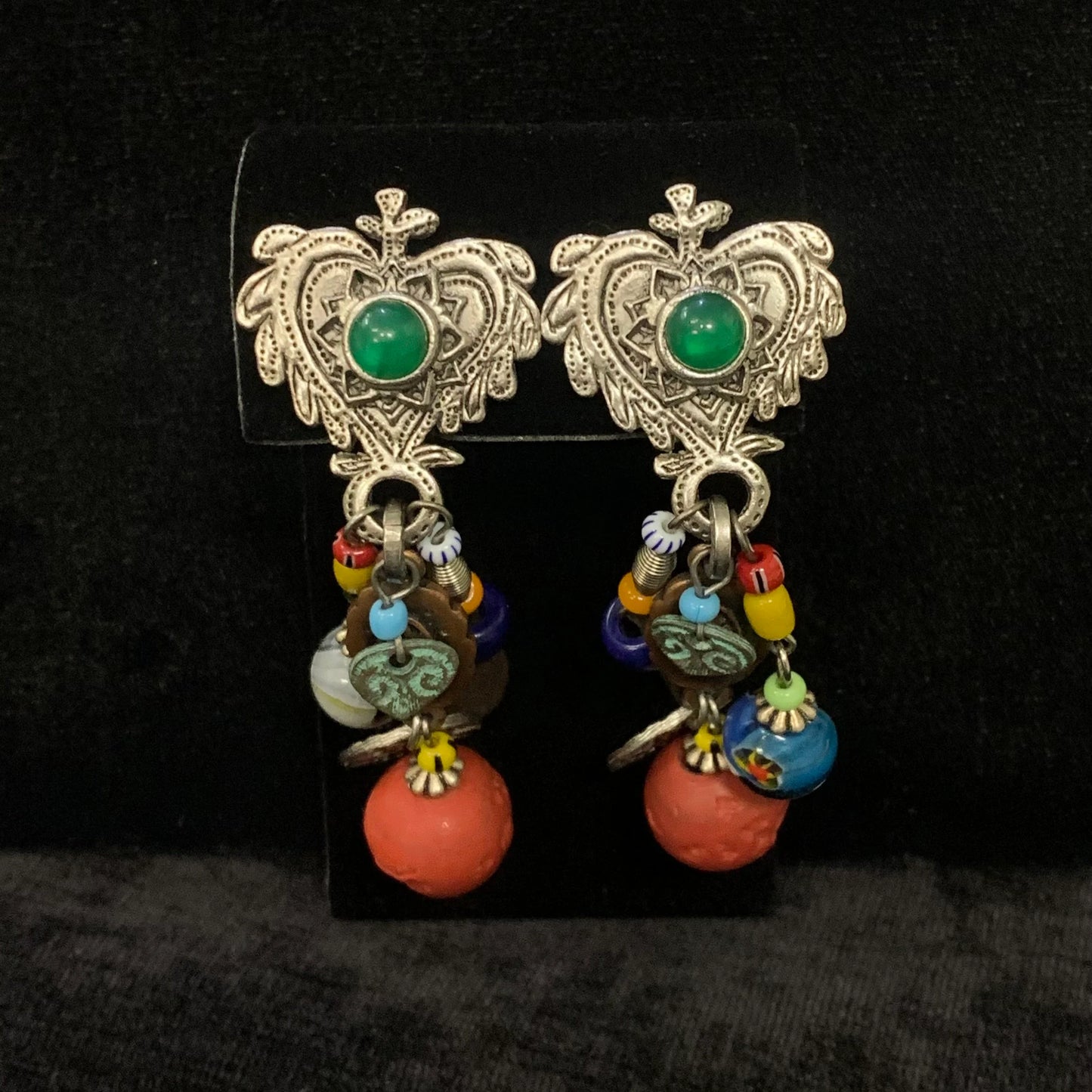 Robert Rose Earrings - Hand Blown Glass Beads - Wired together - Dangle from Silver Heart Shaped Ear clips - Terrific Boho 1960s Style Clip-ons