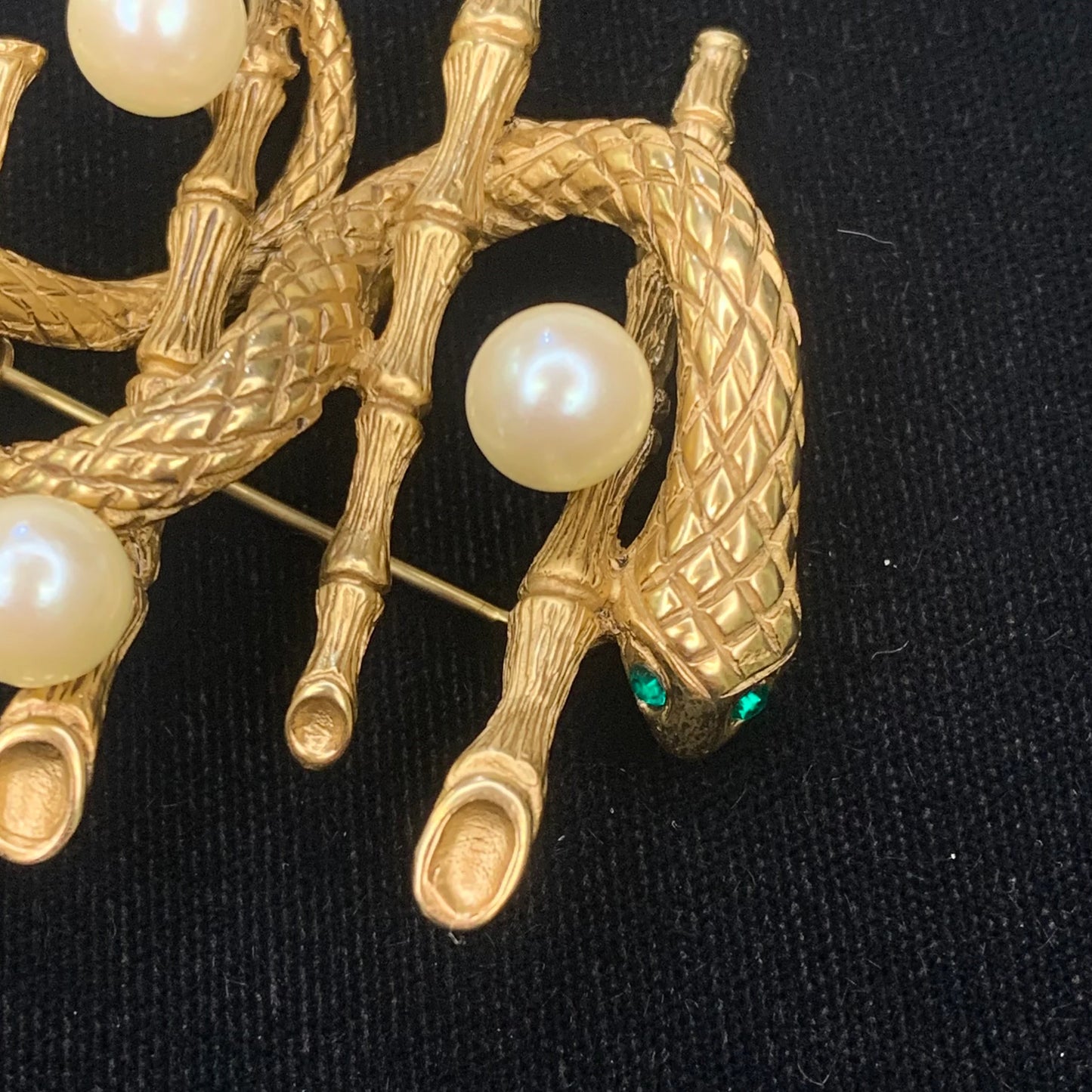 Erwin Pearl Pin - Gold Tone Snake with green Crystal Eyes on Bamboo Rods with Pearls- Large Snake Brooch by Erwin Pearl - Reptile Brooch