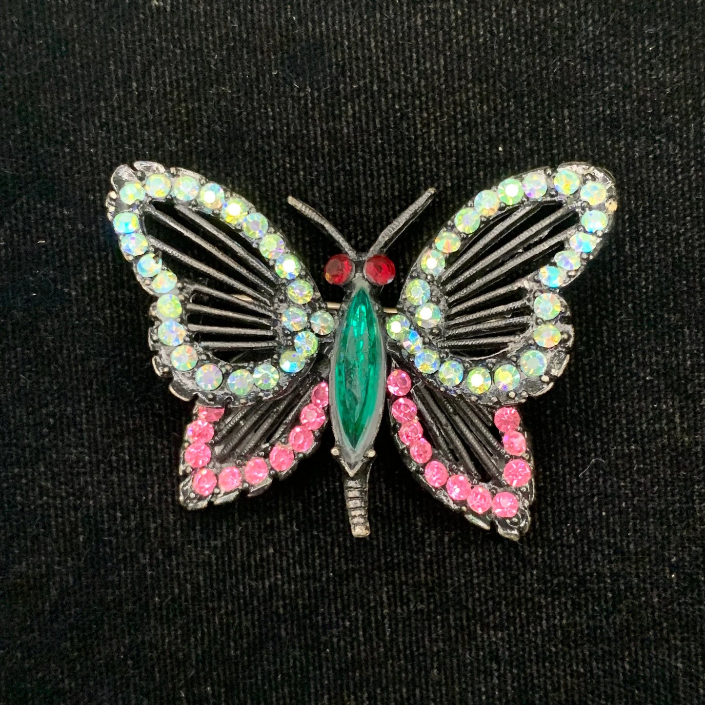 Vintage 1960s Weiss Black Butterfly With Rhinestones Brooch Pin