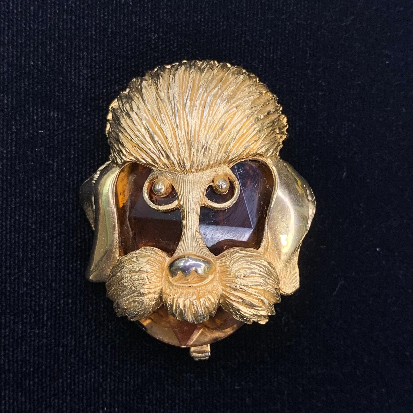 Poodle Brooch - with Rich Brown Glass Setting in Gold Tone Poodle Head Surround - Beautiful Brown Poodle Brooch - Poodle/ Dog Lover Brooch